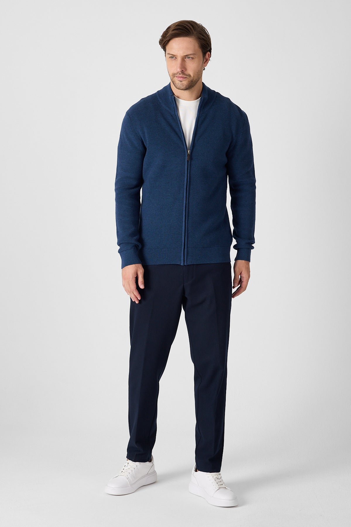 Casual Indigo Full Zip Textured Knit Sweater Jacket