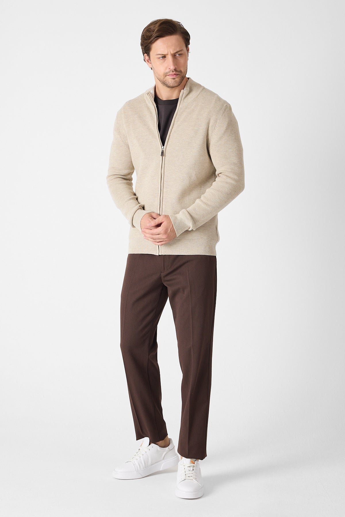 Casual Beige Full Zip Textured Knit Sweater Jacket