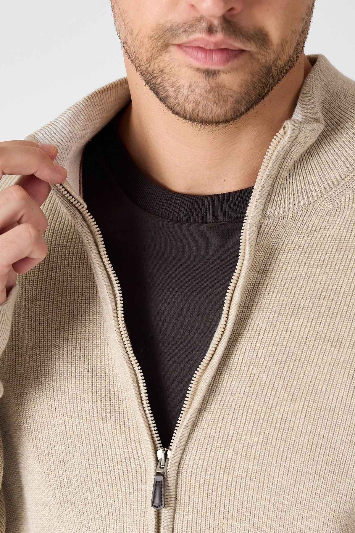 Casual Beige Full Zip Textured Knit Sweater Jacket