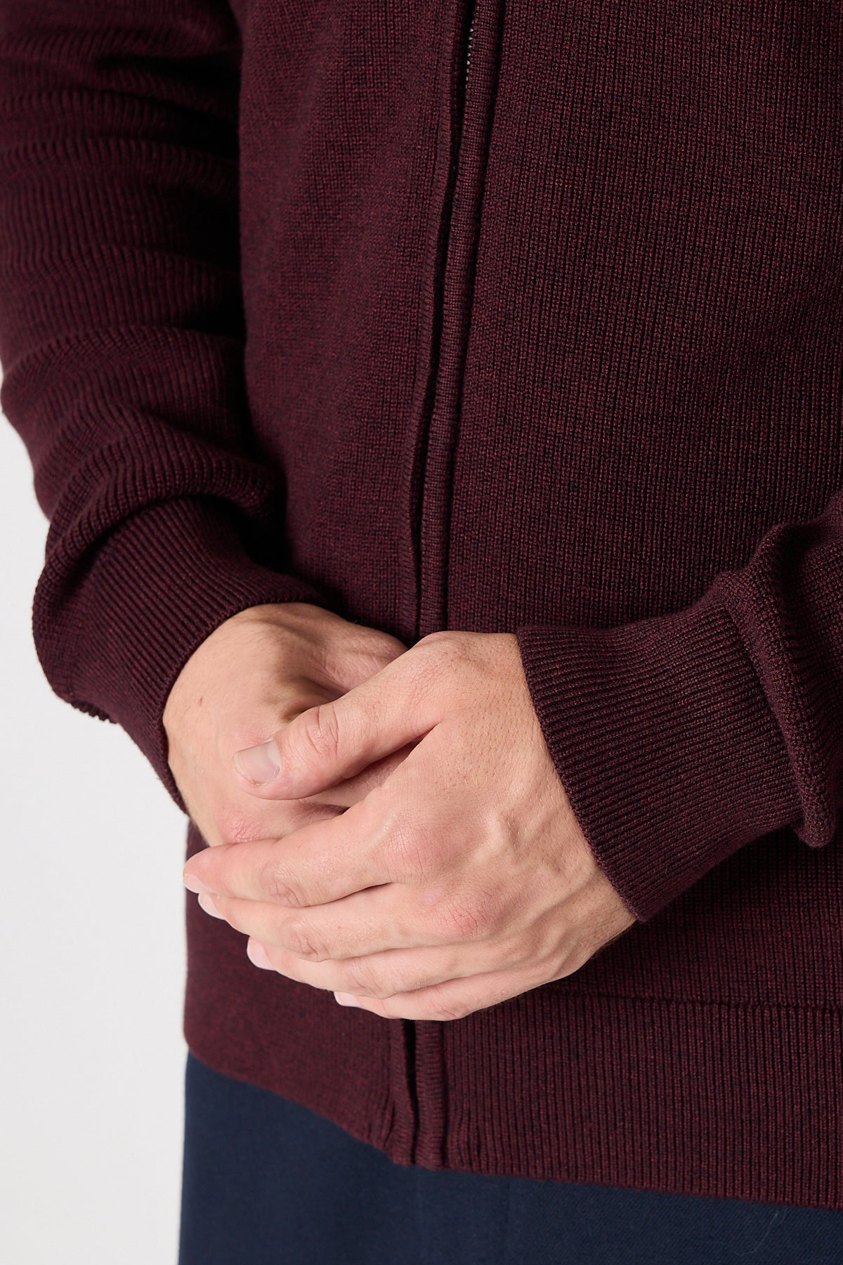 Casual Bordo Full Zip Textured Knit Sweater Jacket