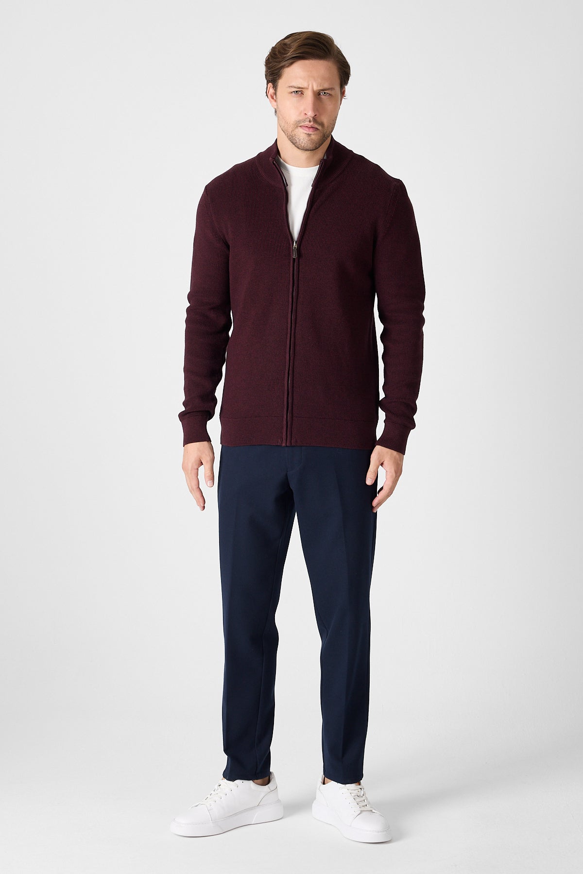 Casual Bordo Full Zip Textured Knit Sweater Jacket