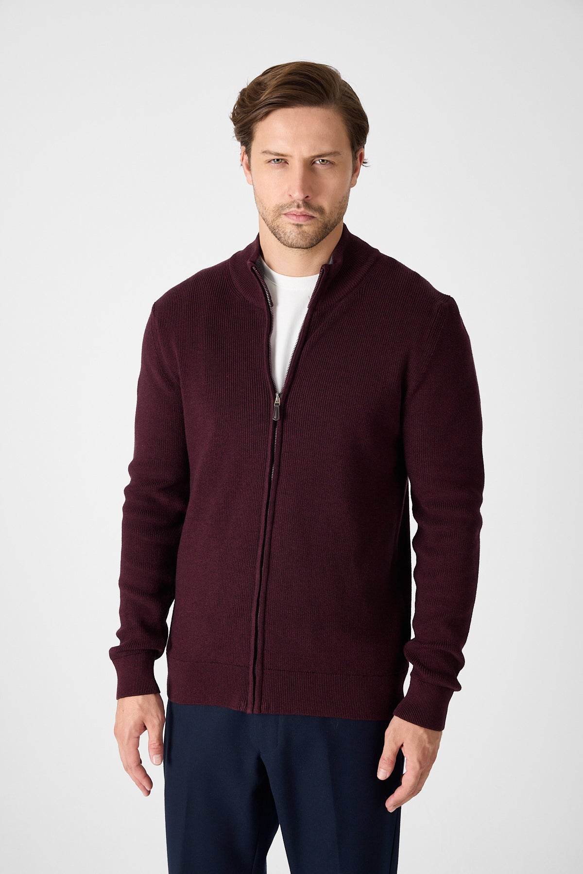 Casual Bordo Full Zip Textured Knit Sweater Jacket