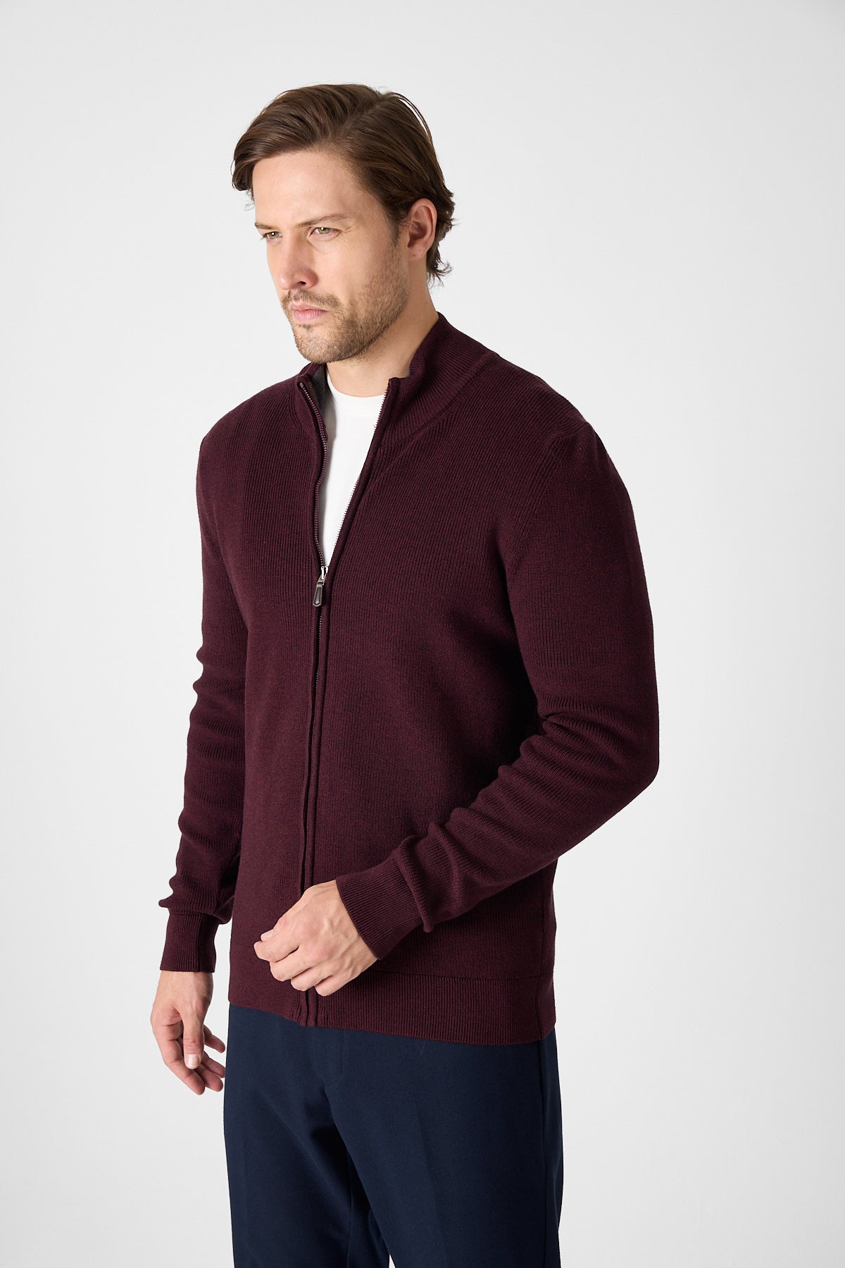 Casual Bordo Full Zip Textured Knit Sweater Jacket