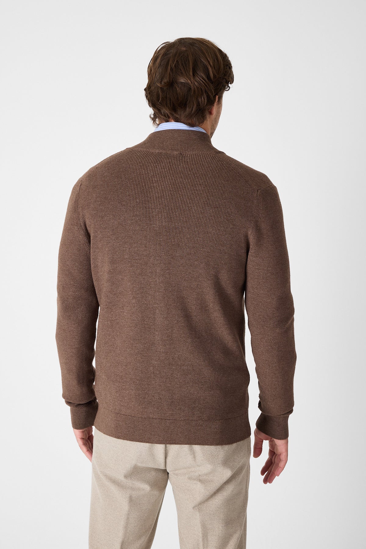 Casual Brown Full Zip Textured Knit Sweater Jacket