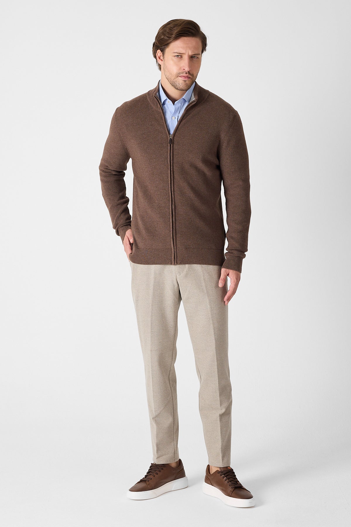 Casual Brown Full Zip Textured Knit Sweater Jacket