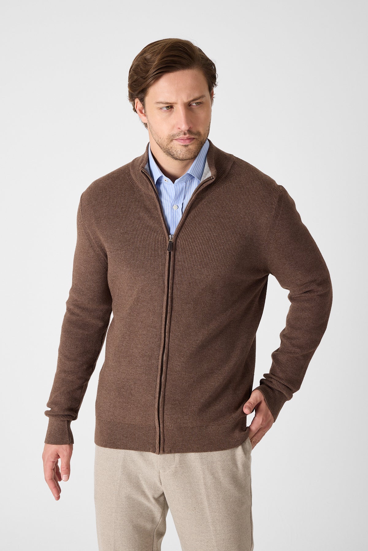 Casual Brown Full Zip Textured Knit Sweater Jacket