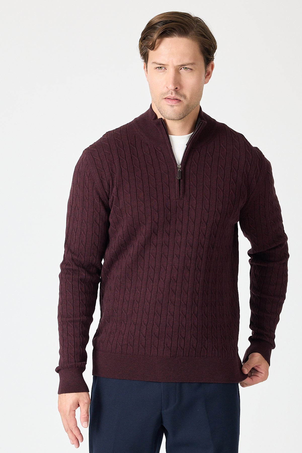 Bordo Cable Knit Textured Quarter Zip Pullover