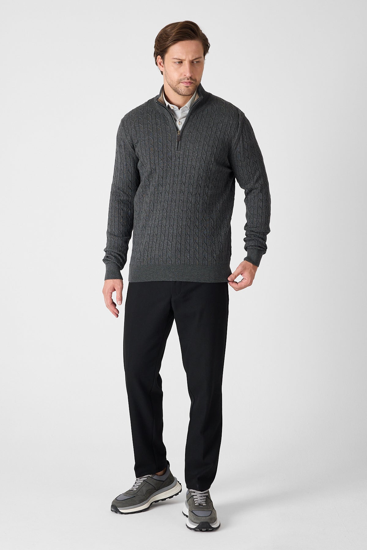 Antra Cable Knit Textured Quarter Zip Pullover