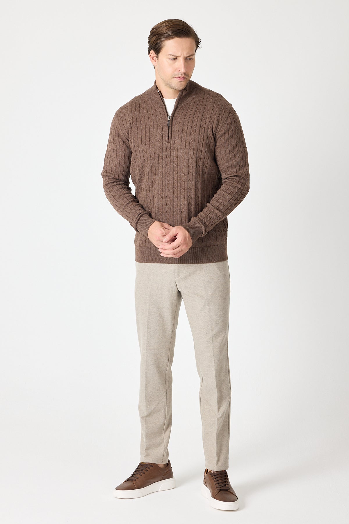 Brown Cable Knit Textured Quarter Zip Pullover