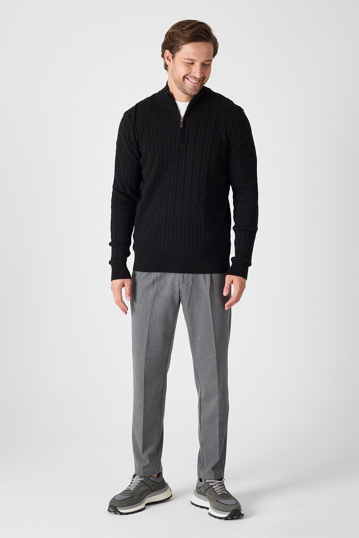 Black Cable Knit Textured Quarter Zip Pullover