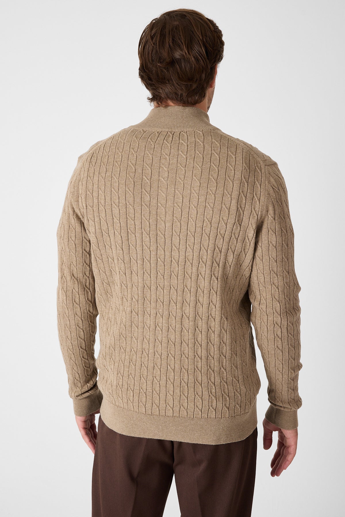 Dark Beige Cable Knit Textured Quarter Zip Pullover