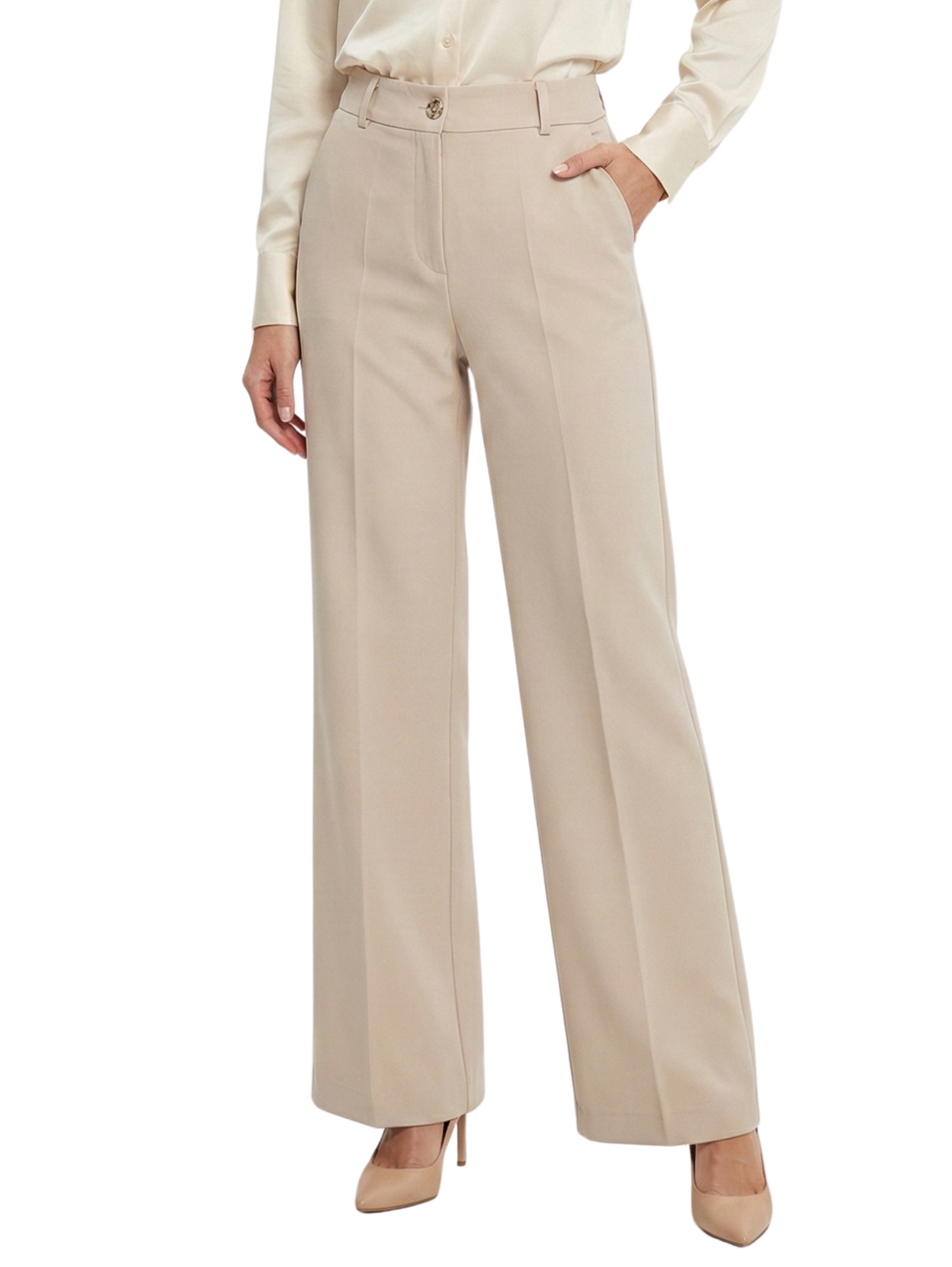 Beige High Waist Pant With One Button To Close