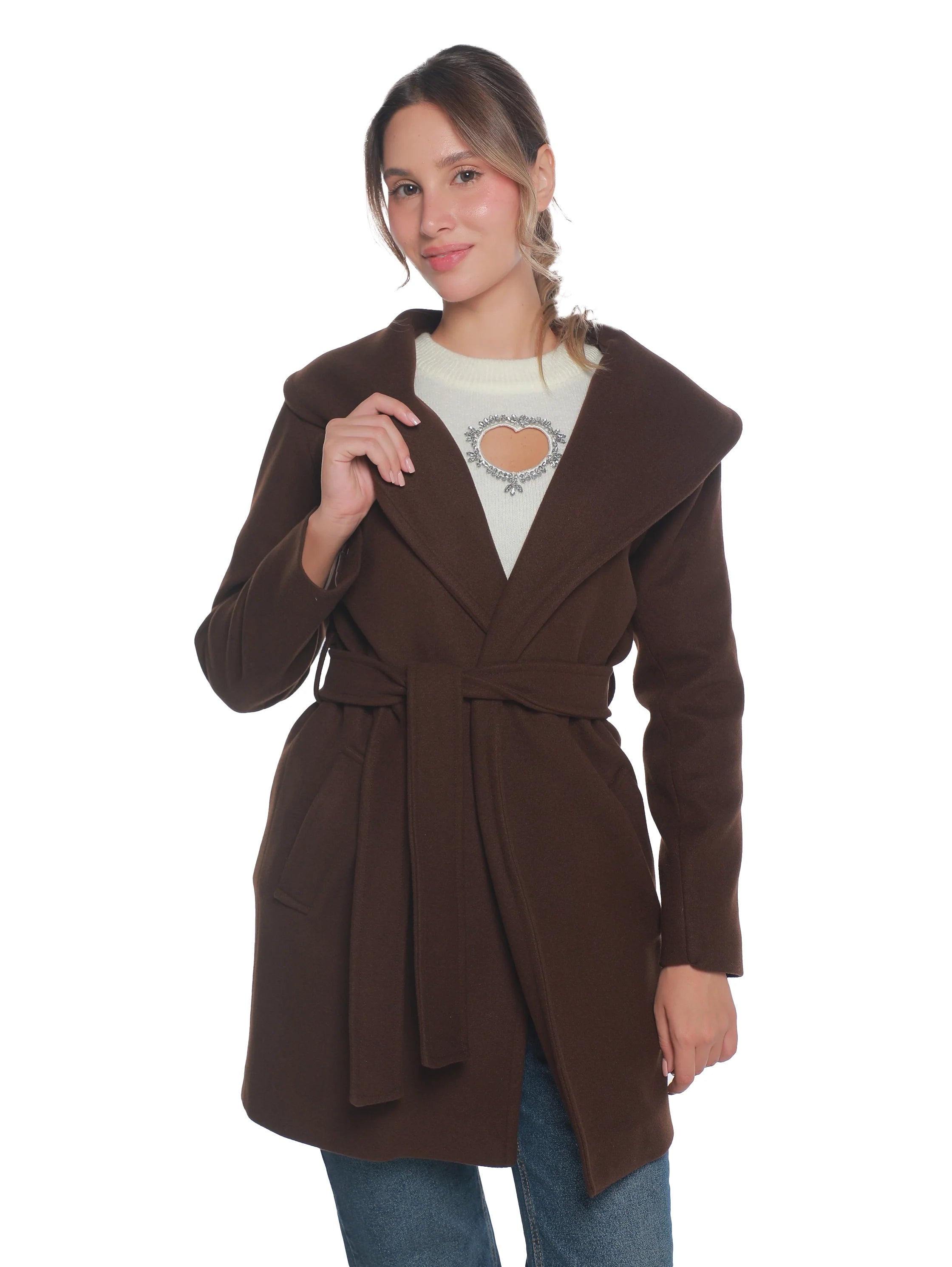 Brown Warm Belted Coat With Open Collar