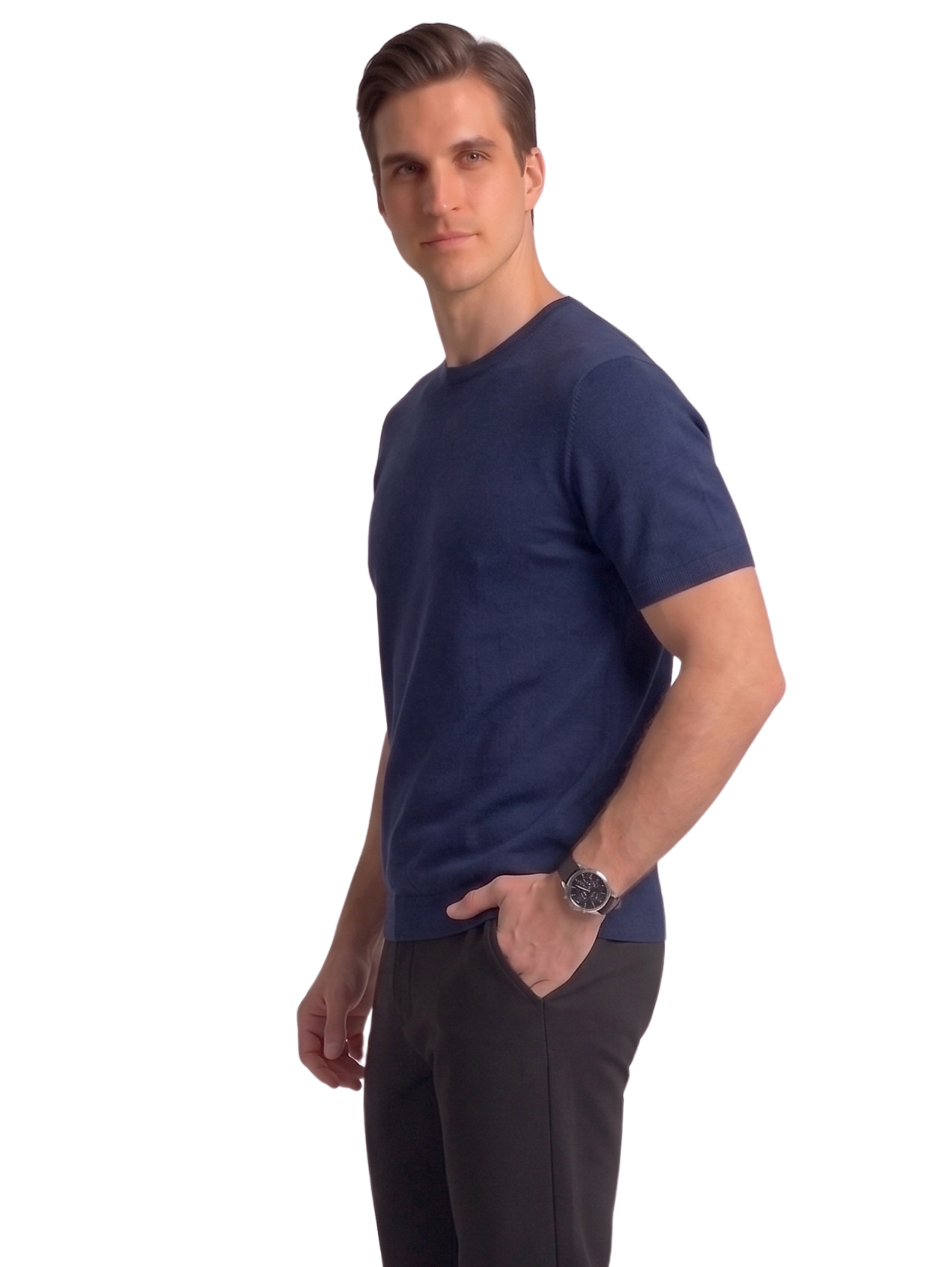 Navy Short Sleeved Round Neck Plain T-Shirt