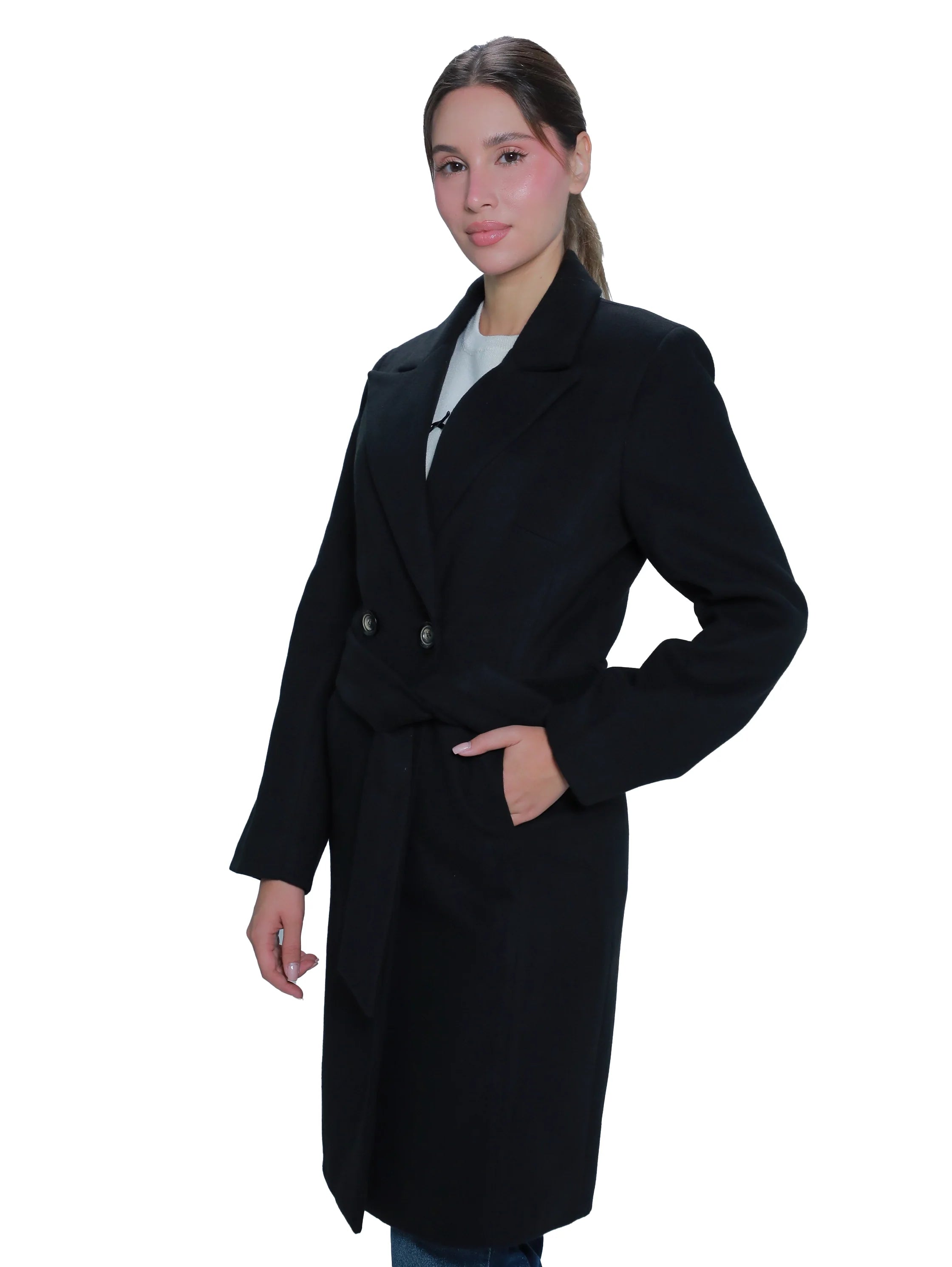 Black Belted Coat With Slanted Side Pocket