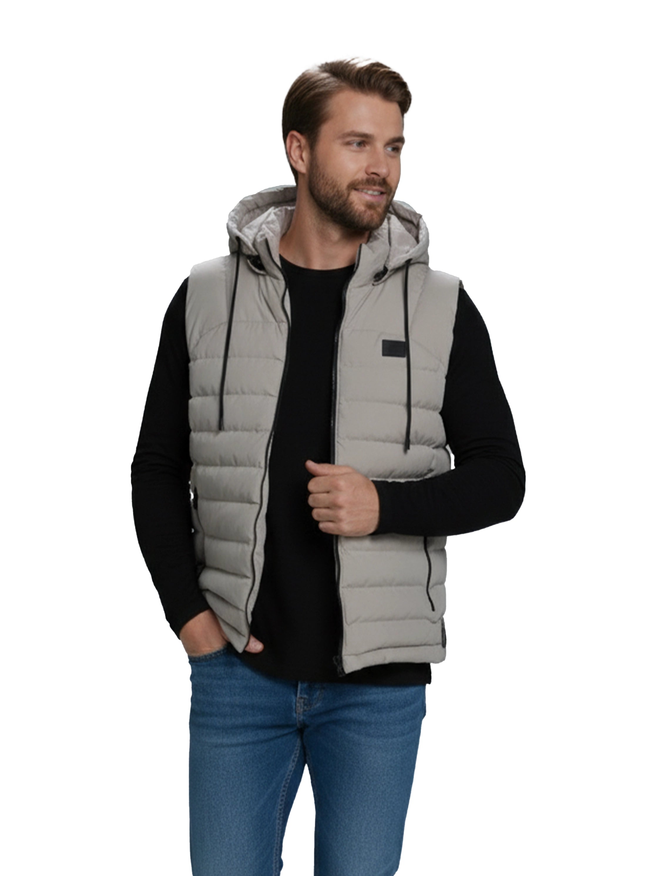 Beige Zippered Padded Vest With Hoodie