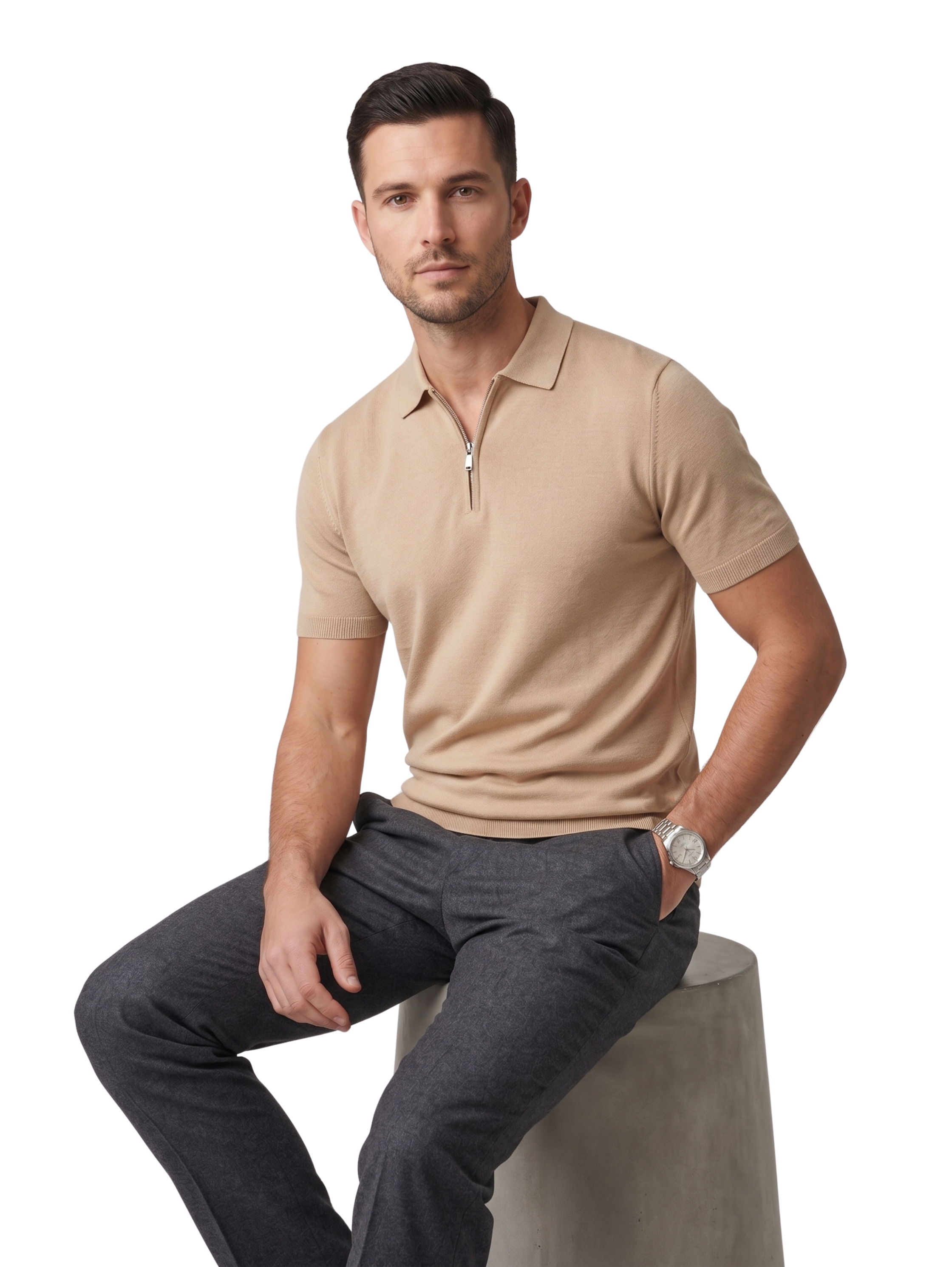Beige Short Sleeved Polo With Neckline Zipper