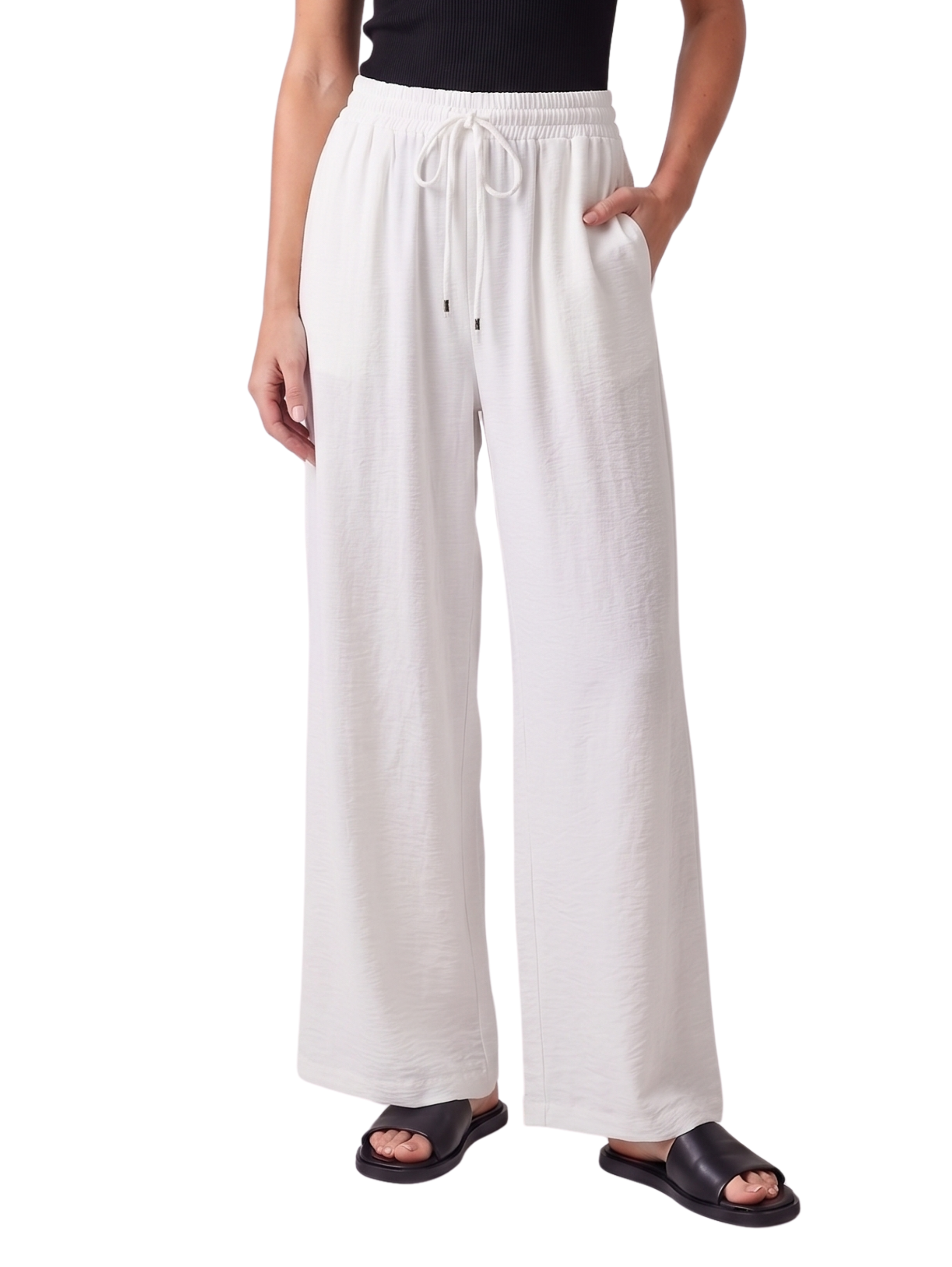 White Wide Leg Drawstring Linen Pants