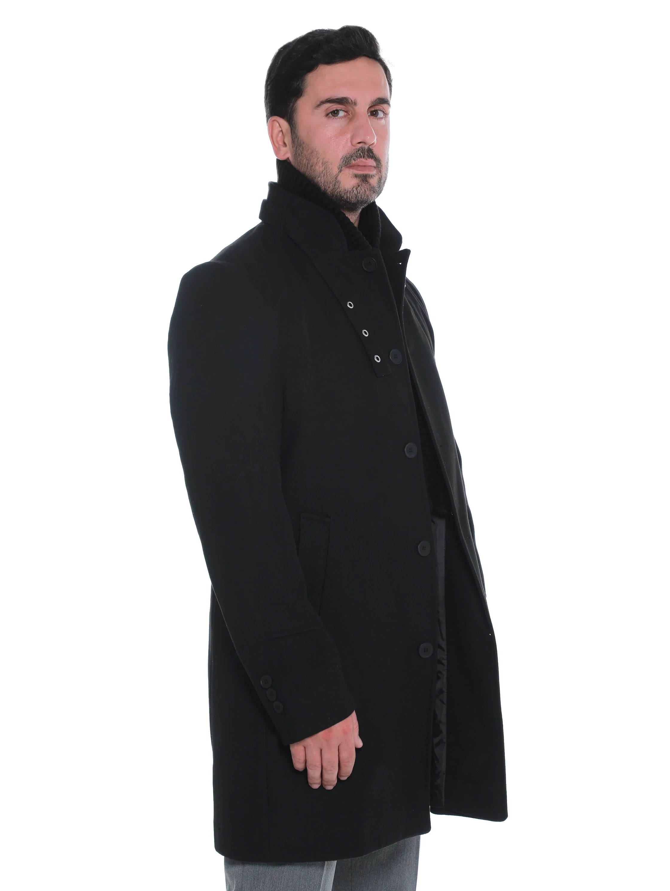 Black Buttoned Coat With Stand Up Collar