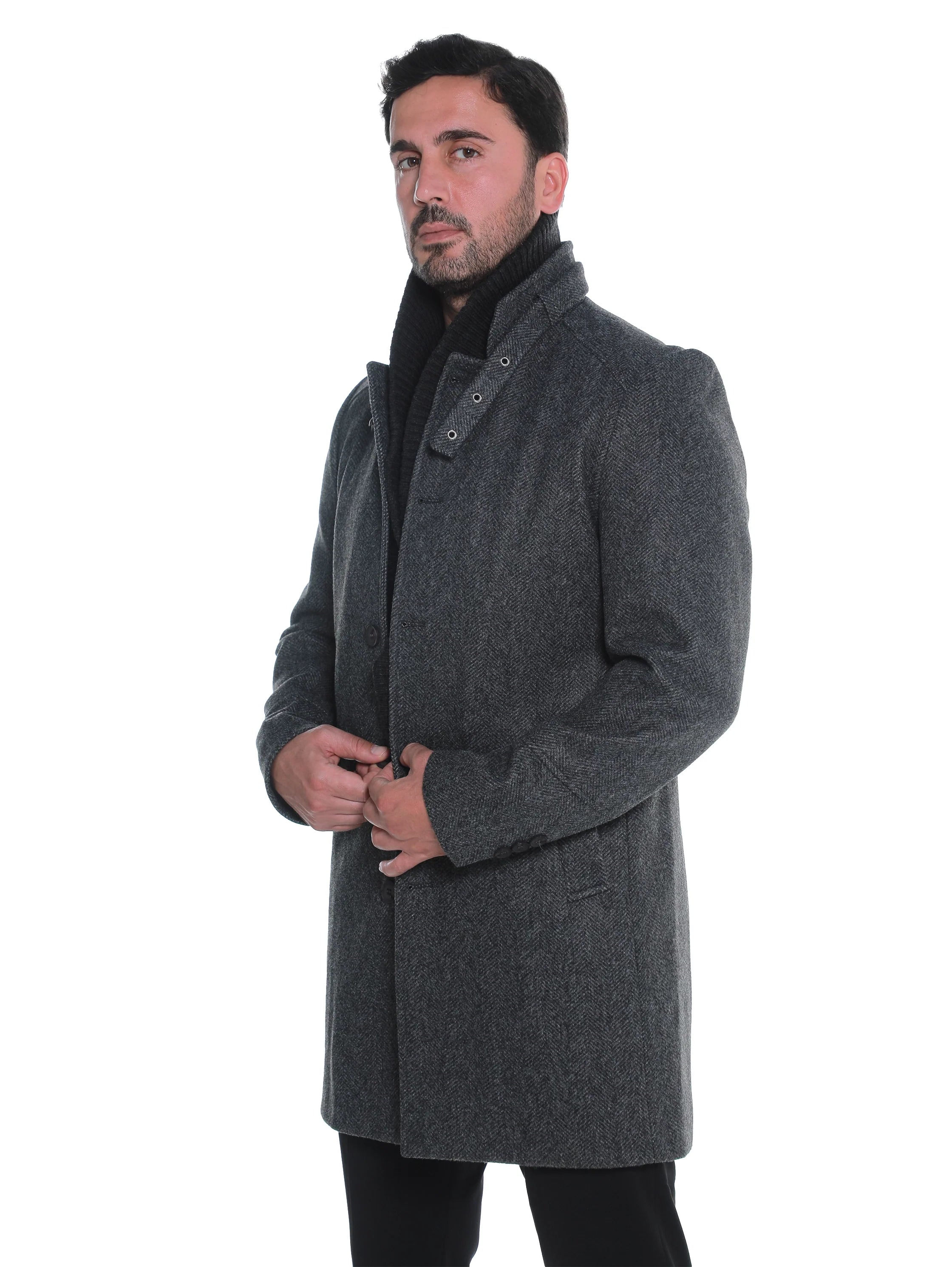 Dark Grey Buttoned Coat With Side Slanted Pockets