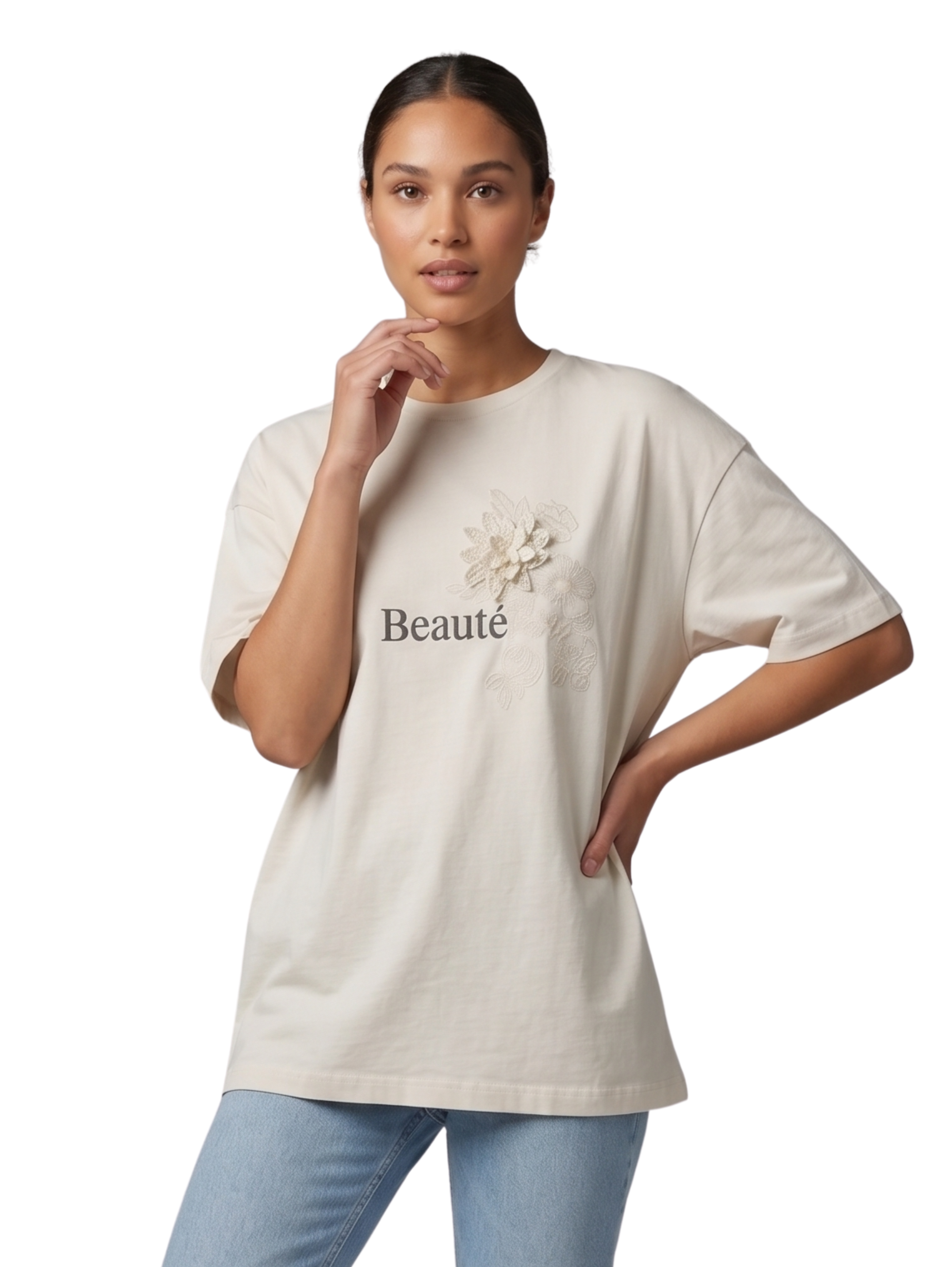 Stone Short Sleeved Round Neck T-Shirt With Floral Design
