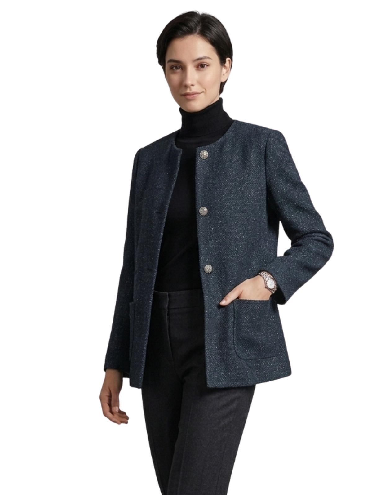 Dark Grey Elegant Long-Sleeved Blazer with Mandarin Collar