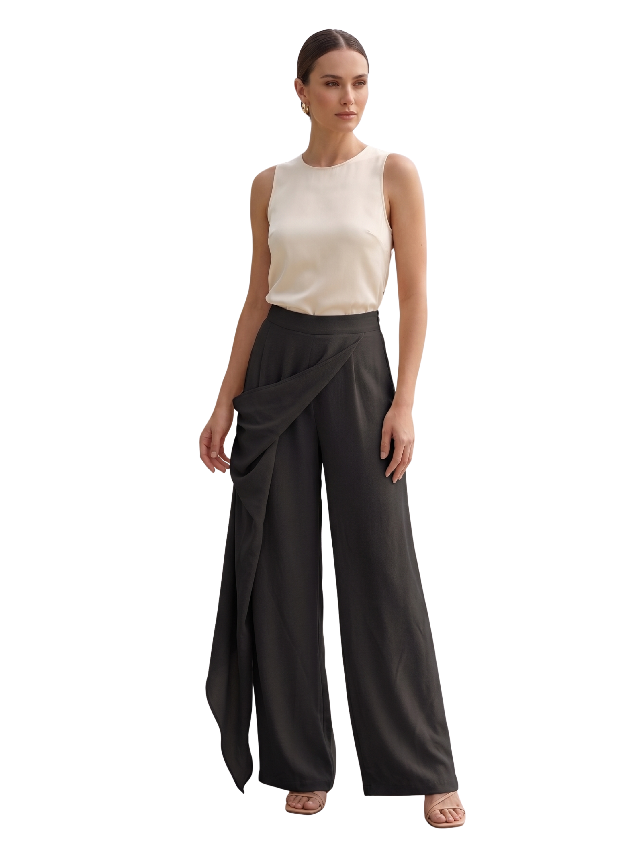 Black Flowy Draped Side Skirt Linen Wide Leg Pants