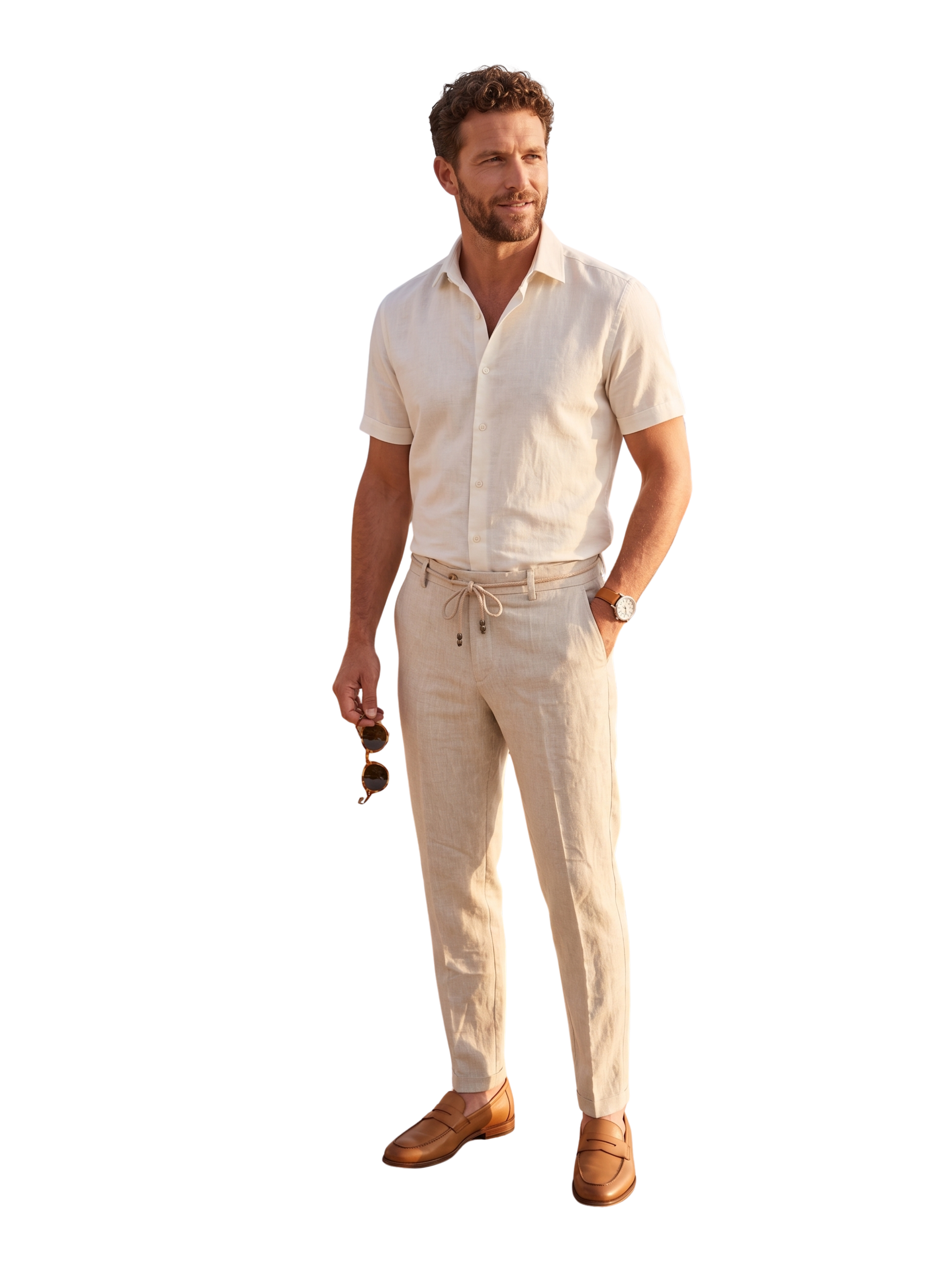 Light Beige Tailored Linen Drawstring Pants