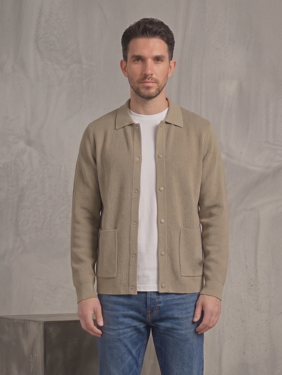 Dark Beige Polo Cardigan with Side Pockets