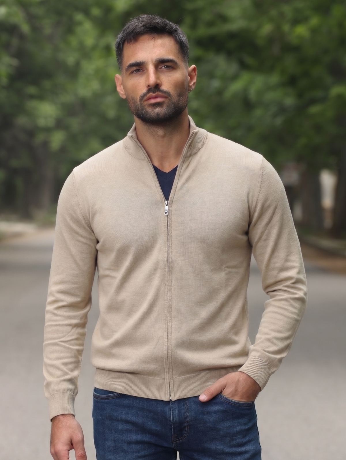 Beige Mock-Neckline Pullover