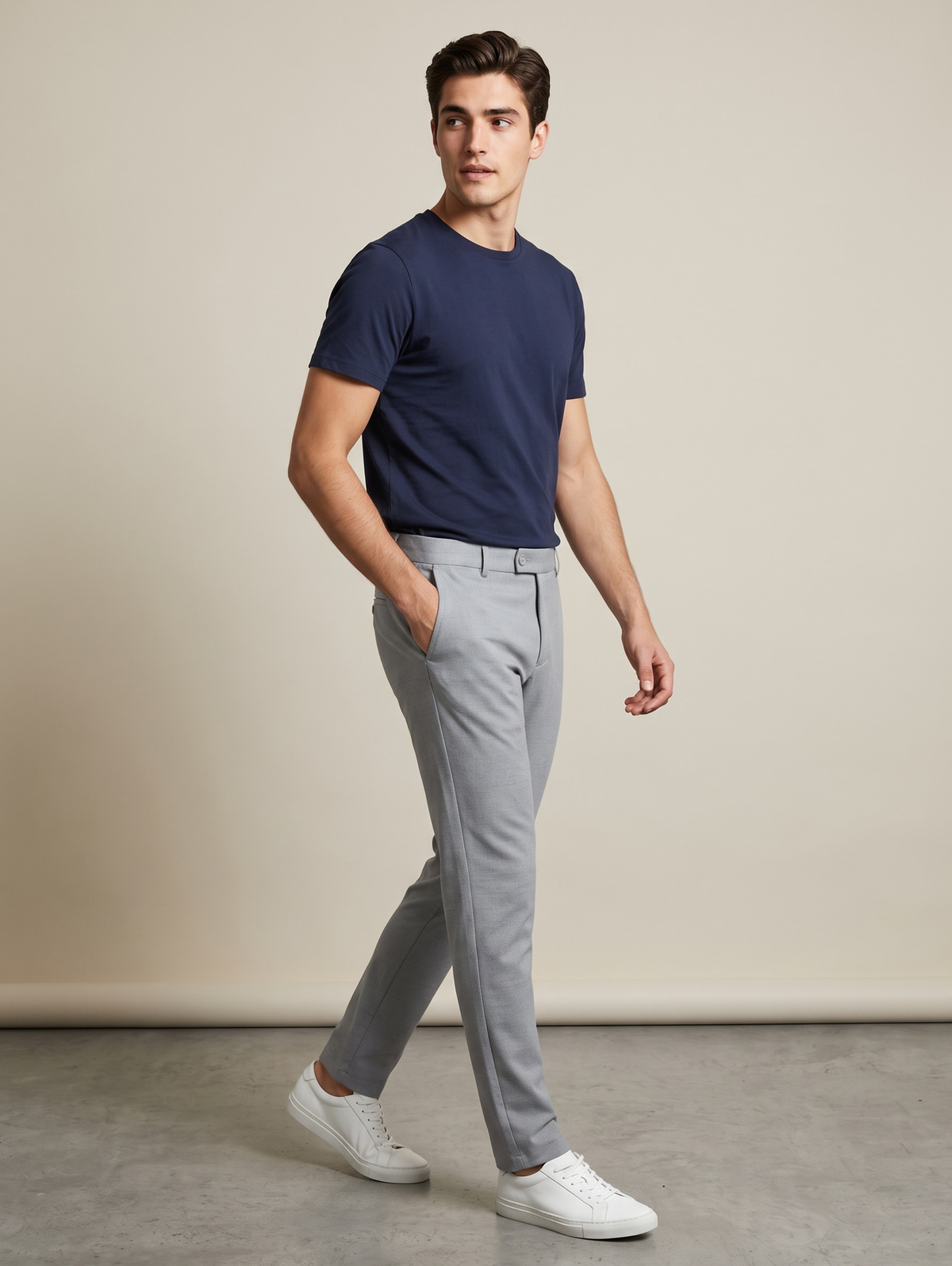 Grey Slim Straight Single Button Closure Pant With Back Elastic Waistband