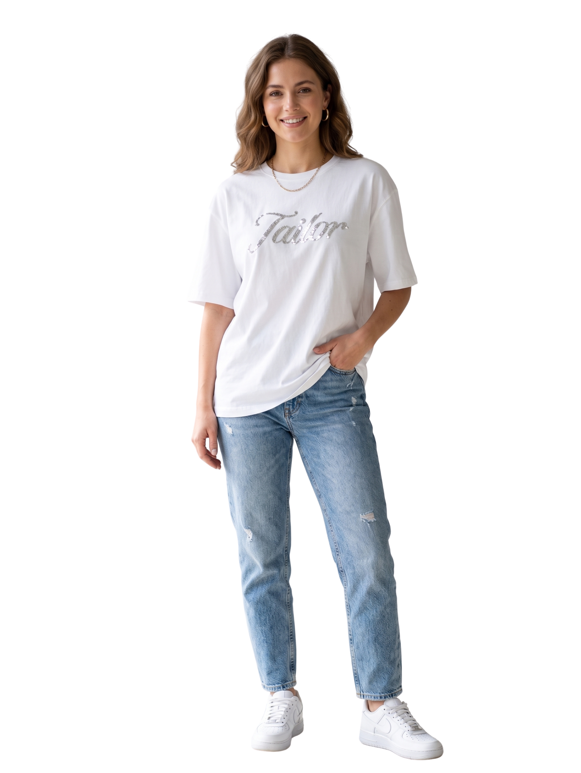White Round Neck T-Shirt With Printed Design