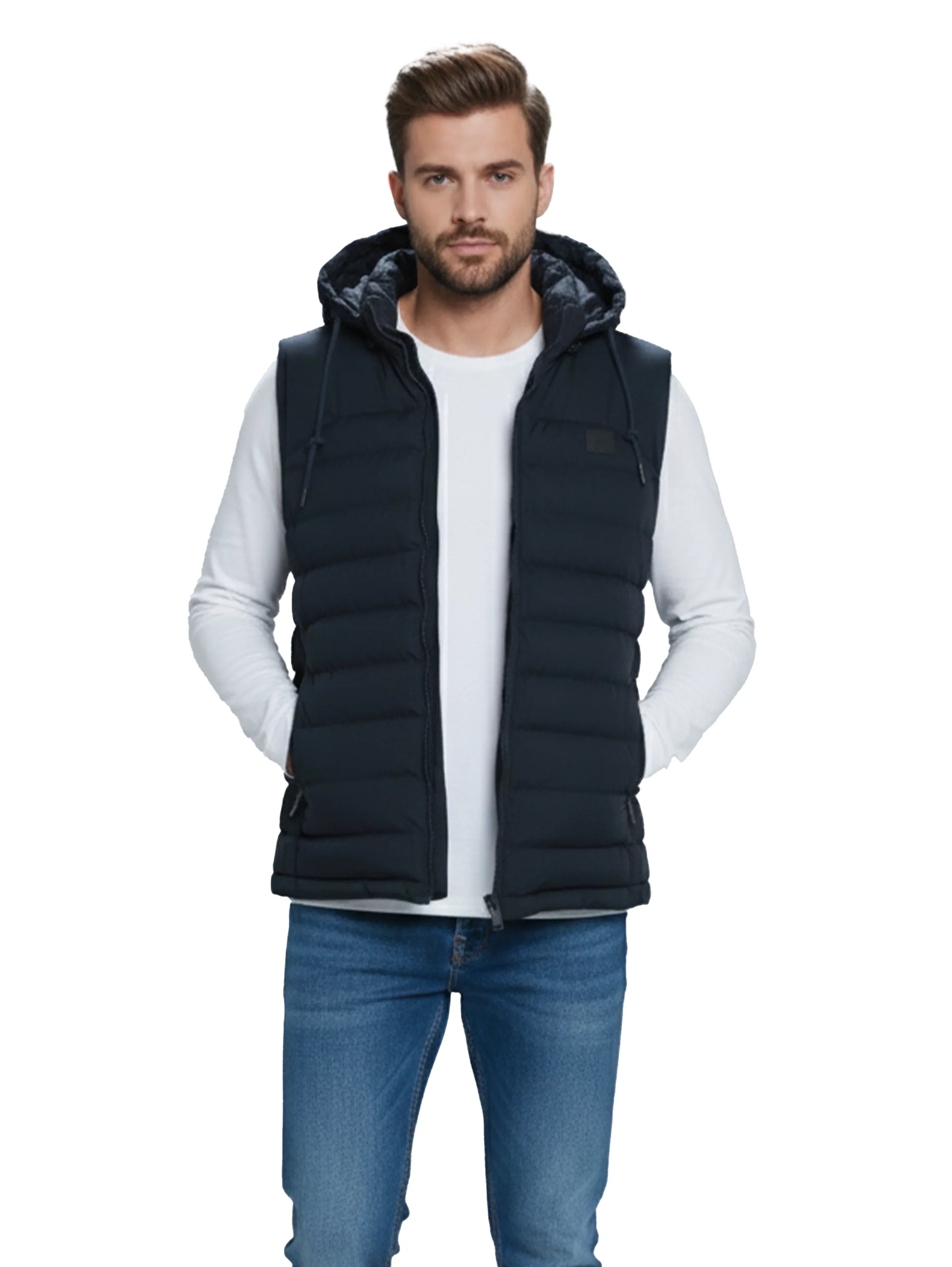 Navy Zippered Padded Vest With Hoodie