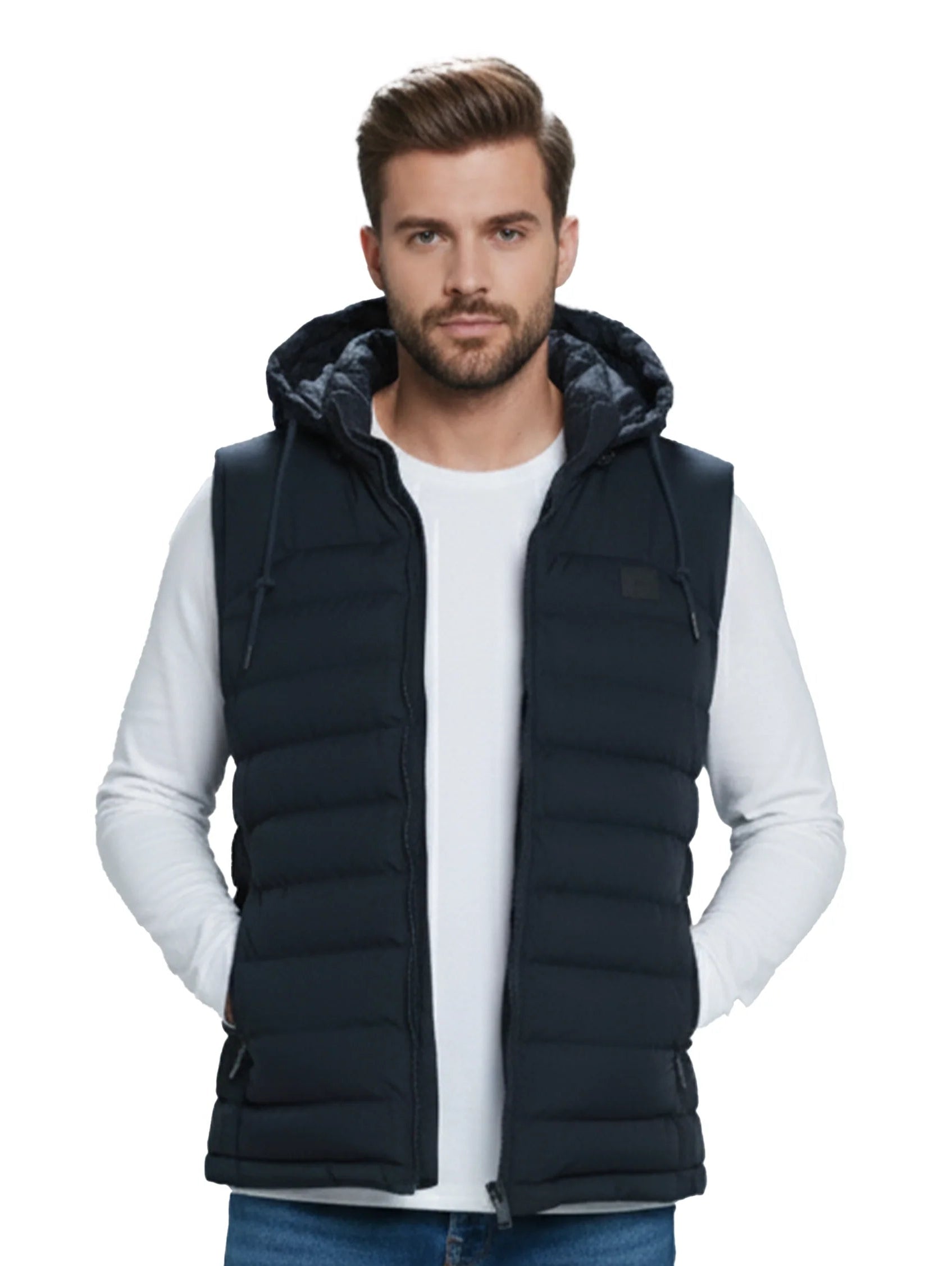 Navy Zippered Padded Vest With Hoodie