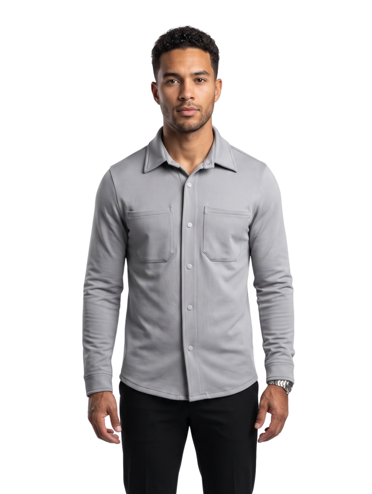 Grey Snap Front Shirt with Double Chest Pockets