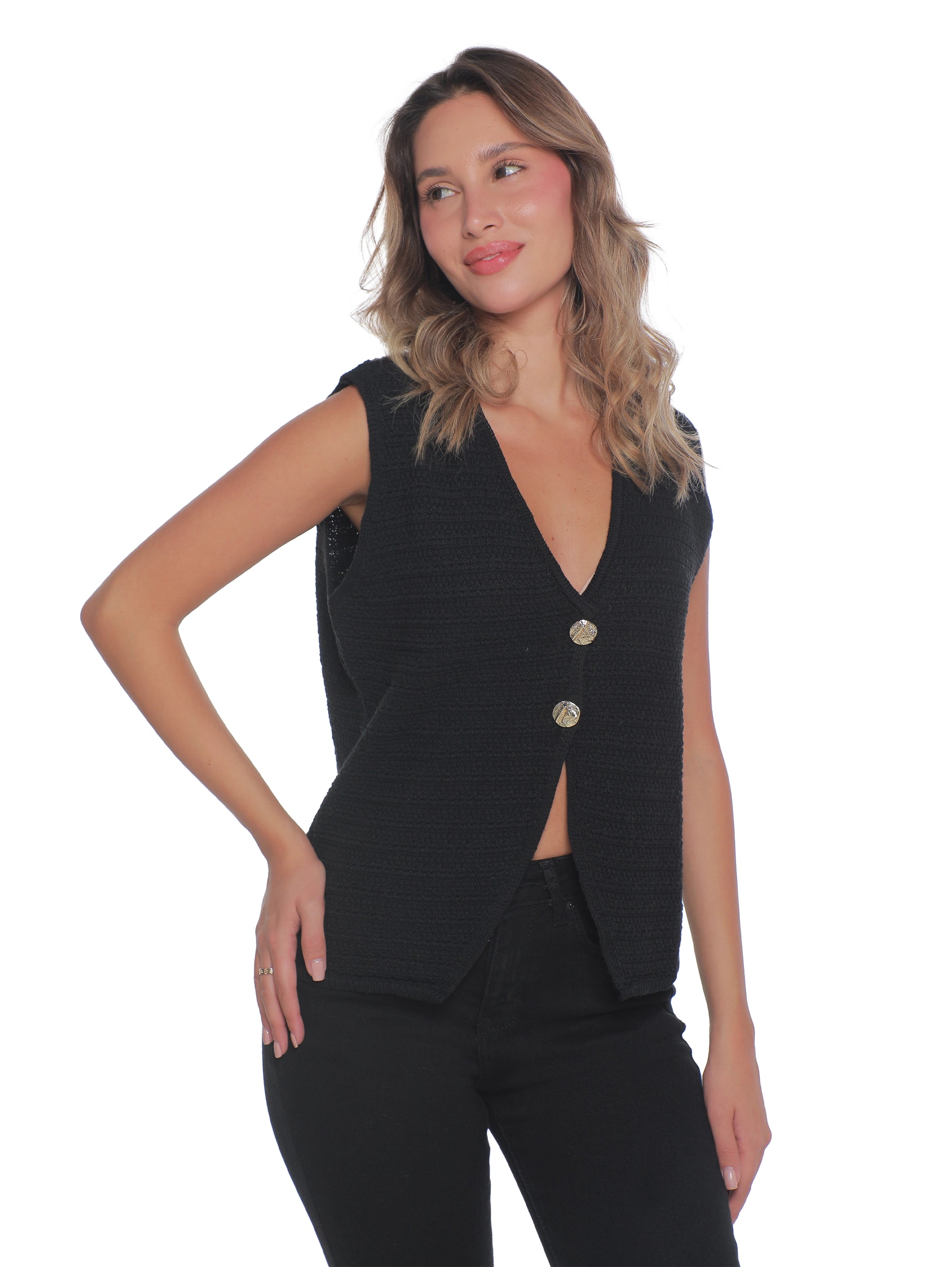 Embroidery Black Vest With Two Button To Close