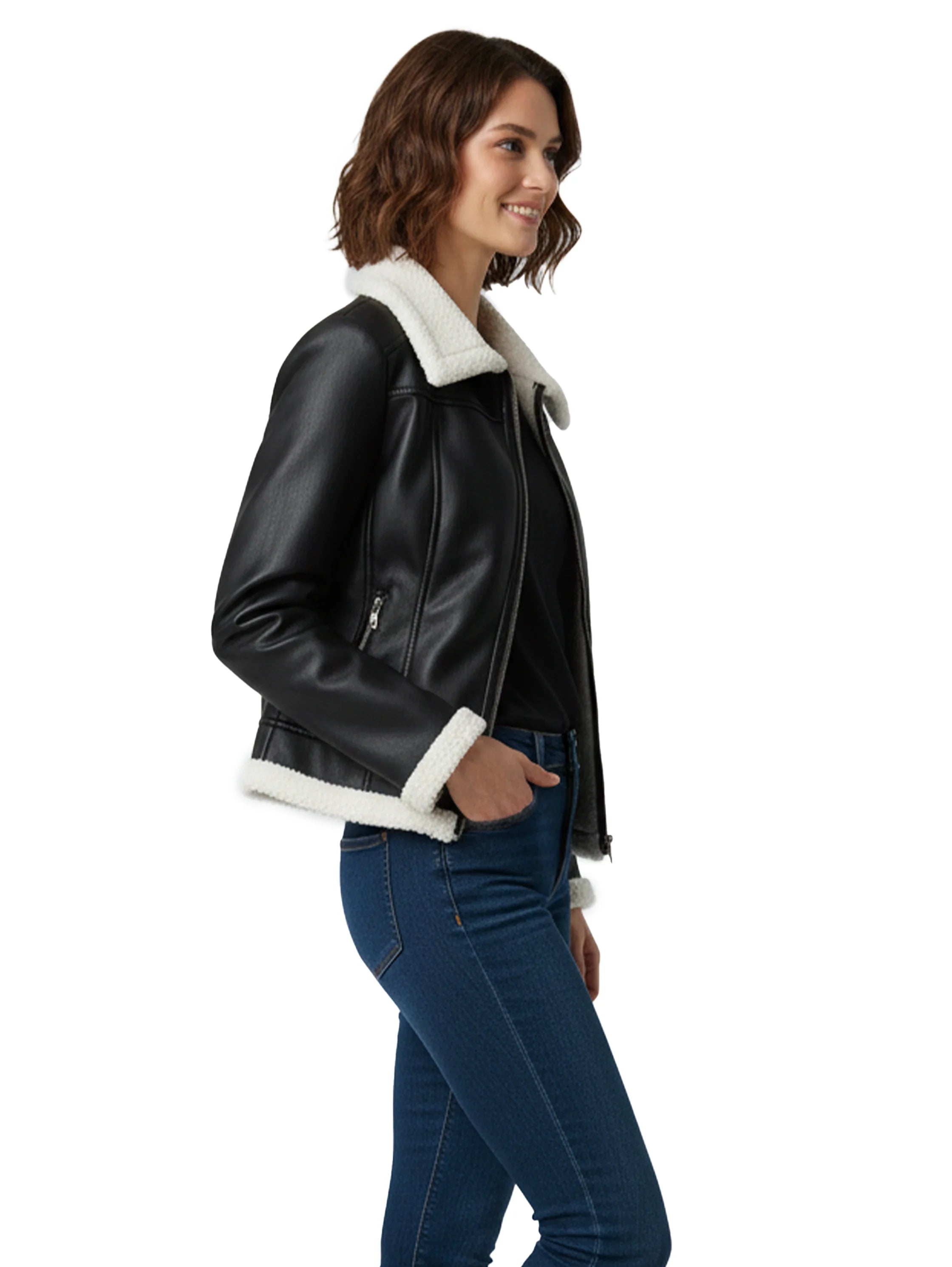 Black Leather Jacket With Fure Design