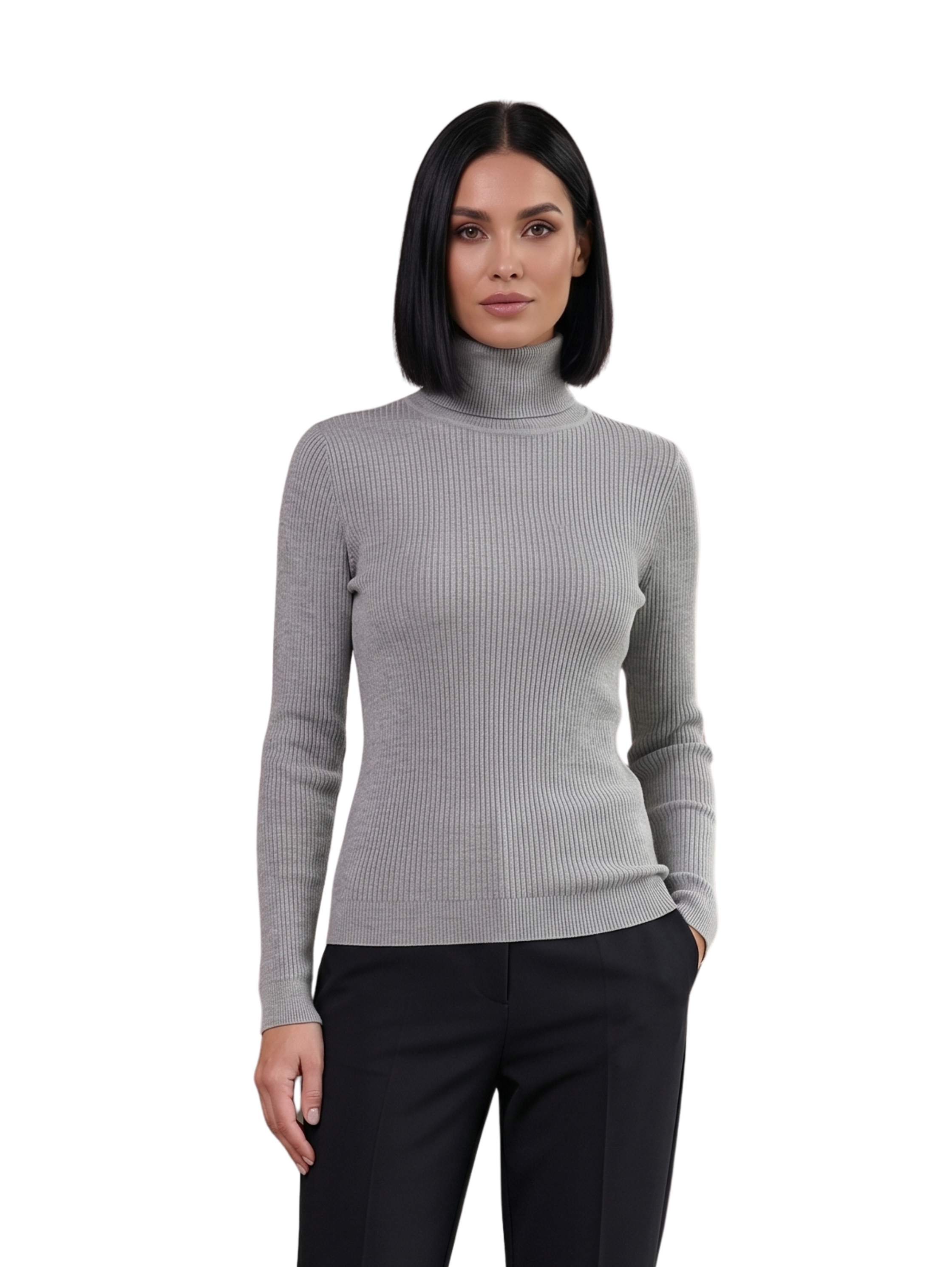 Grey Basic Turtleneck Ribbed Knit Pullover