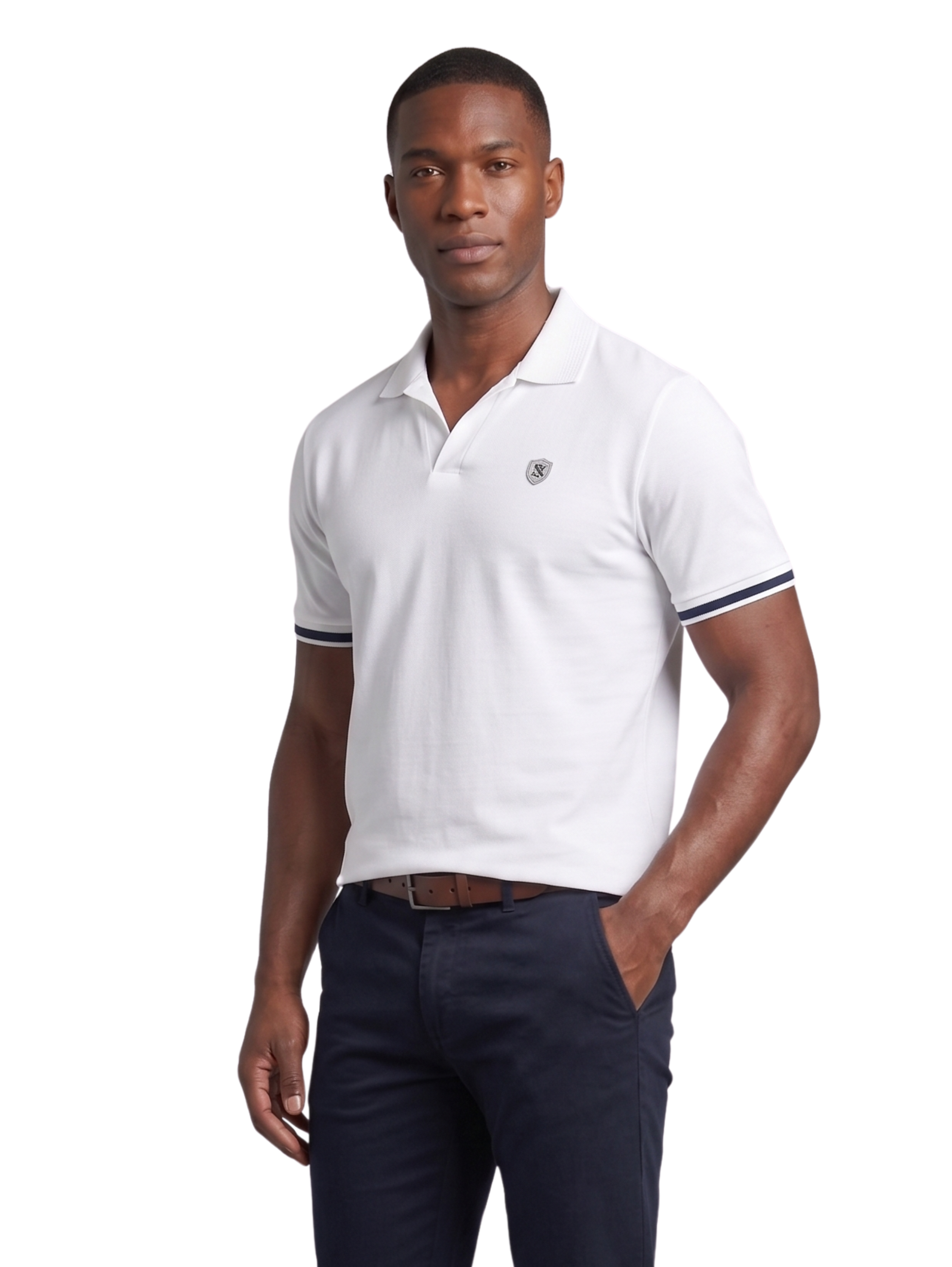 Xint White Short Sleeved Polo With White Striped Trim
