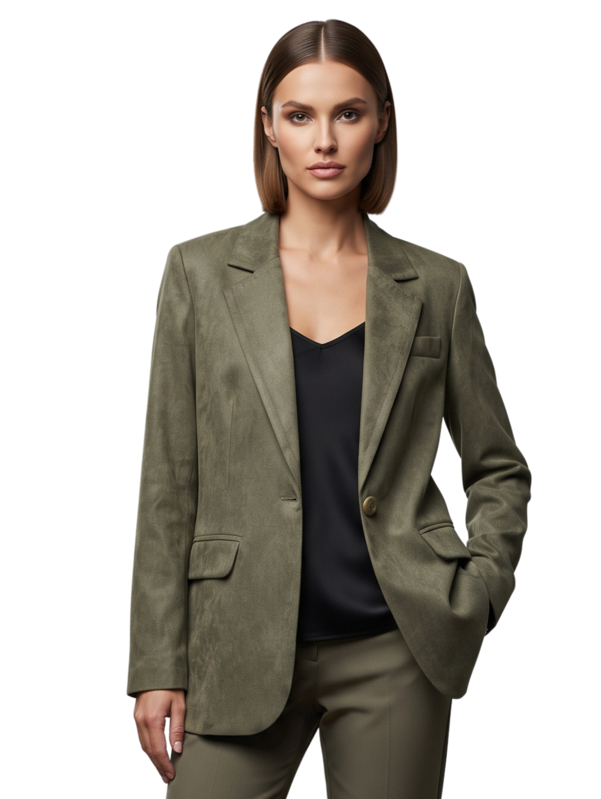 Olive Suede Single-Breasted Blazer