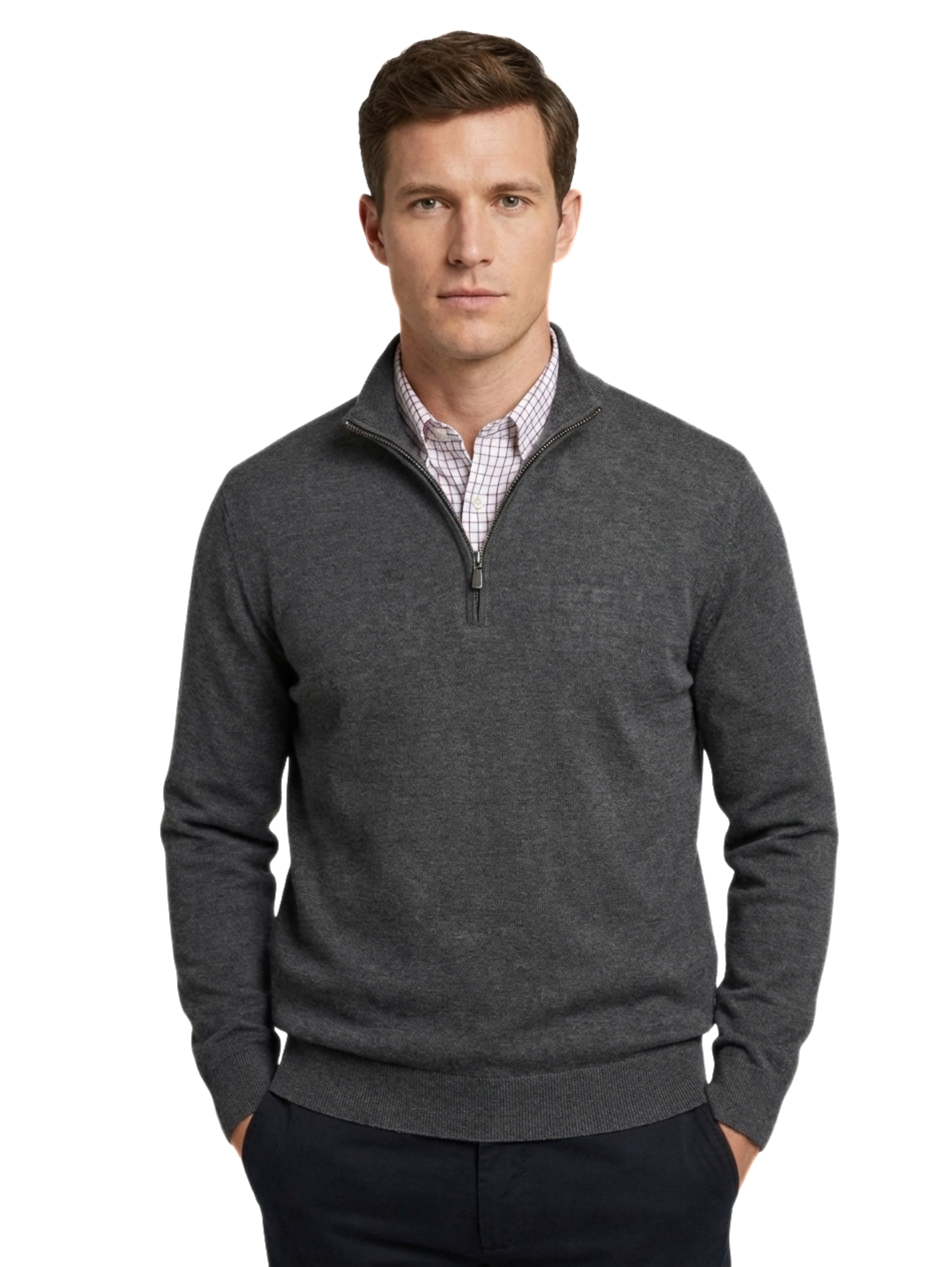 Stand Up Collar Dark Grey Pullover With Half Zipper To Close