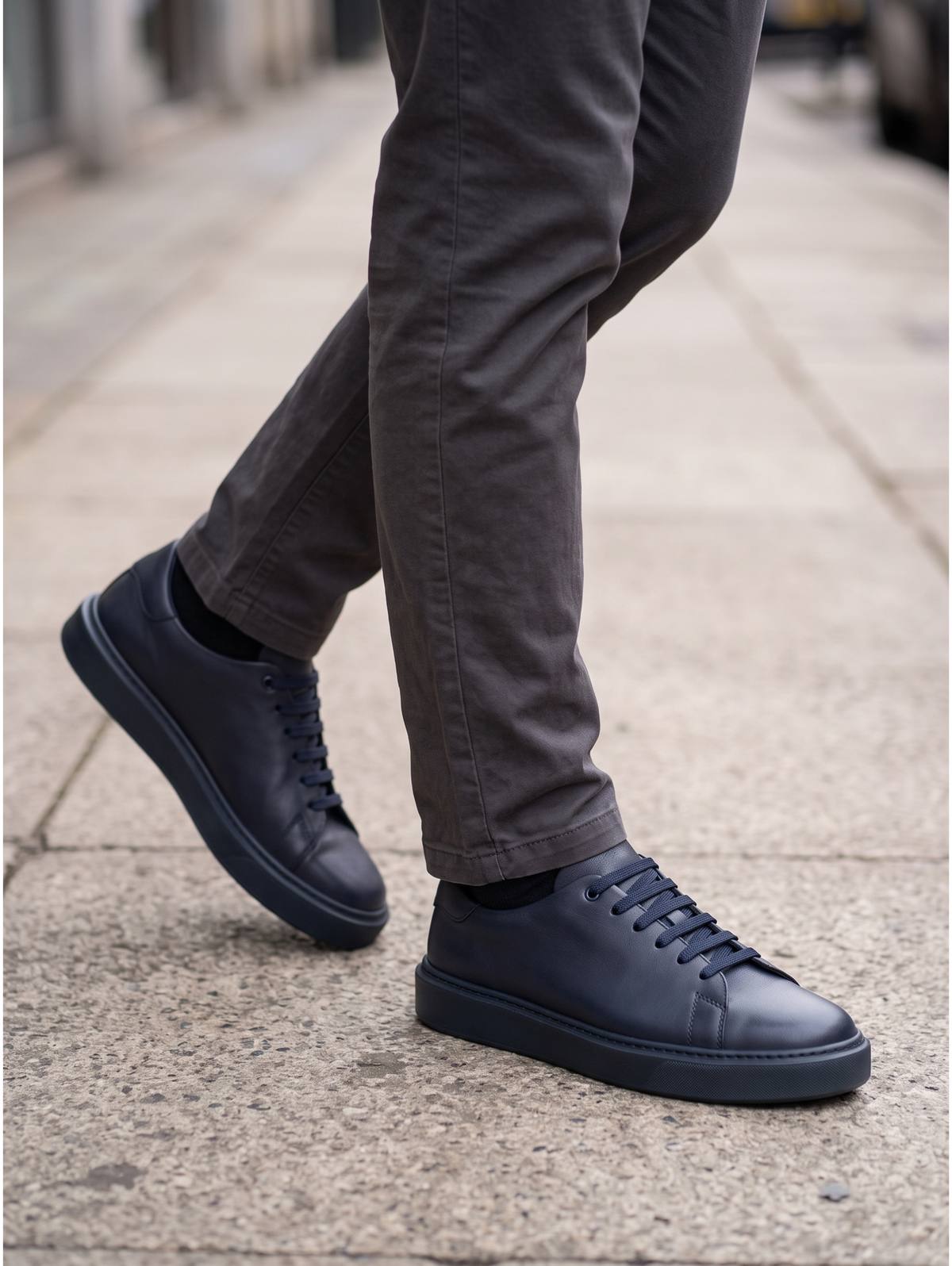 Navy Low-Top Grain Leather Sneakers