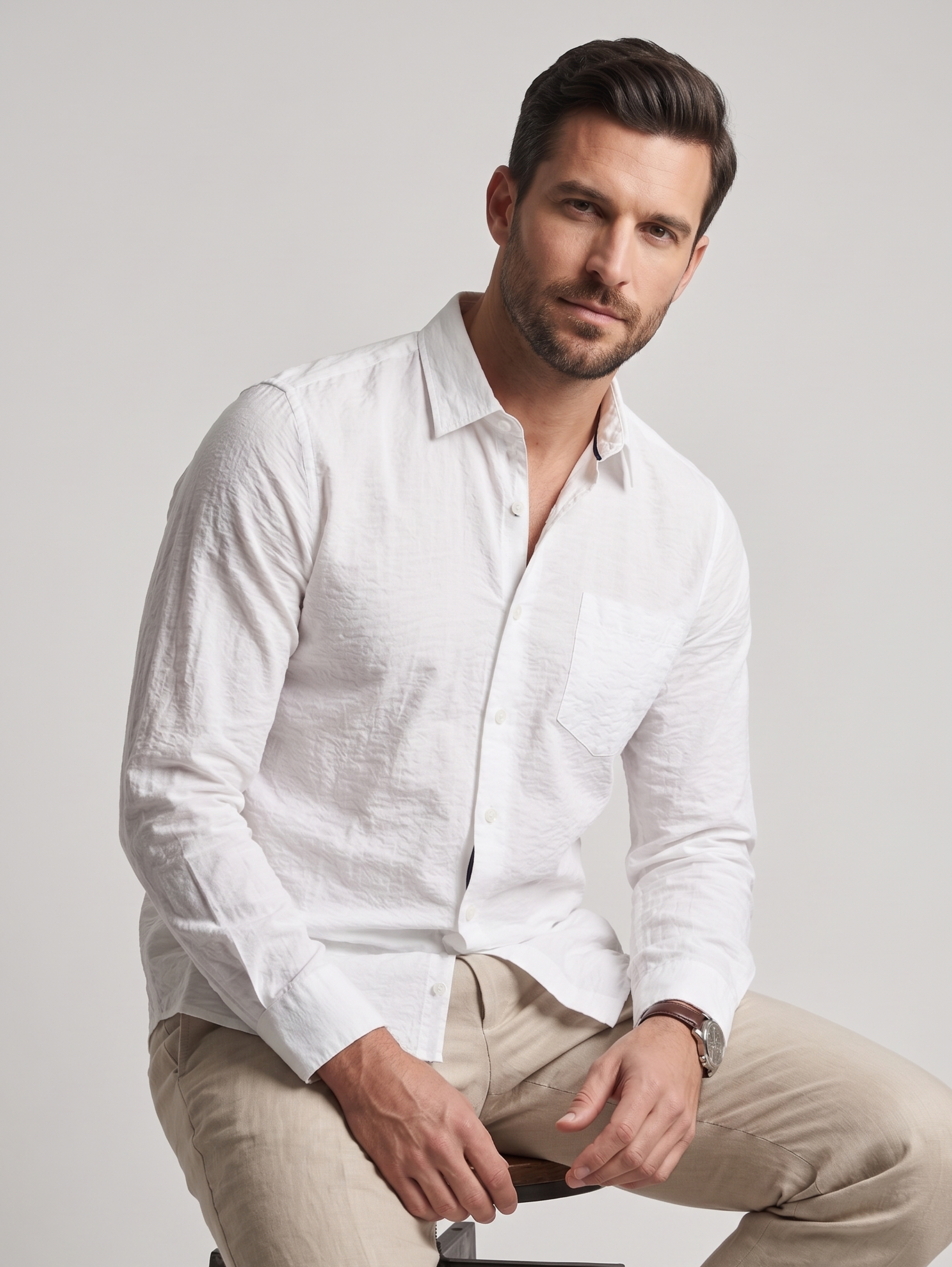 White Long Sleeved Linen Shirt With Chest Pocket
