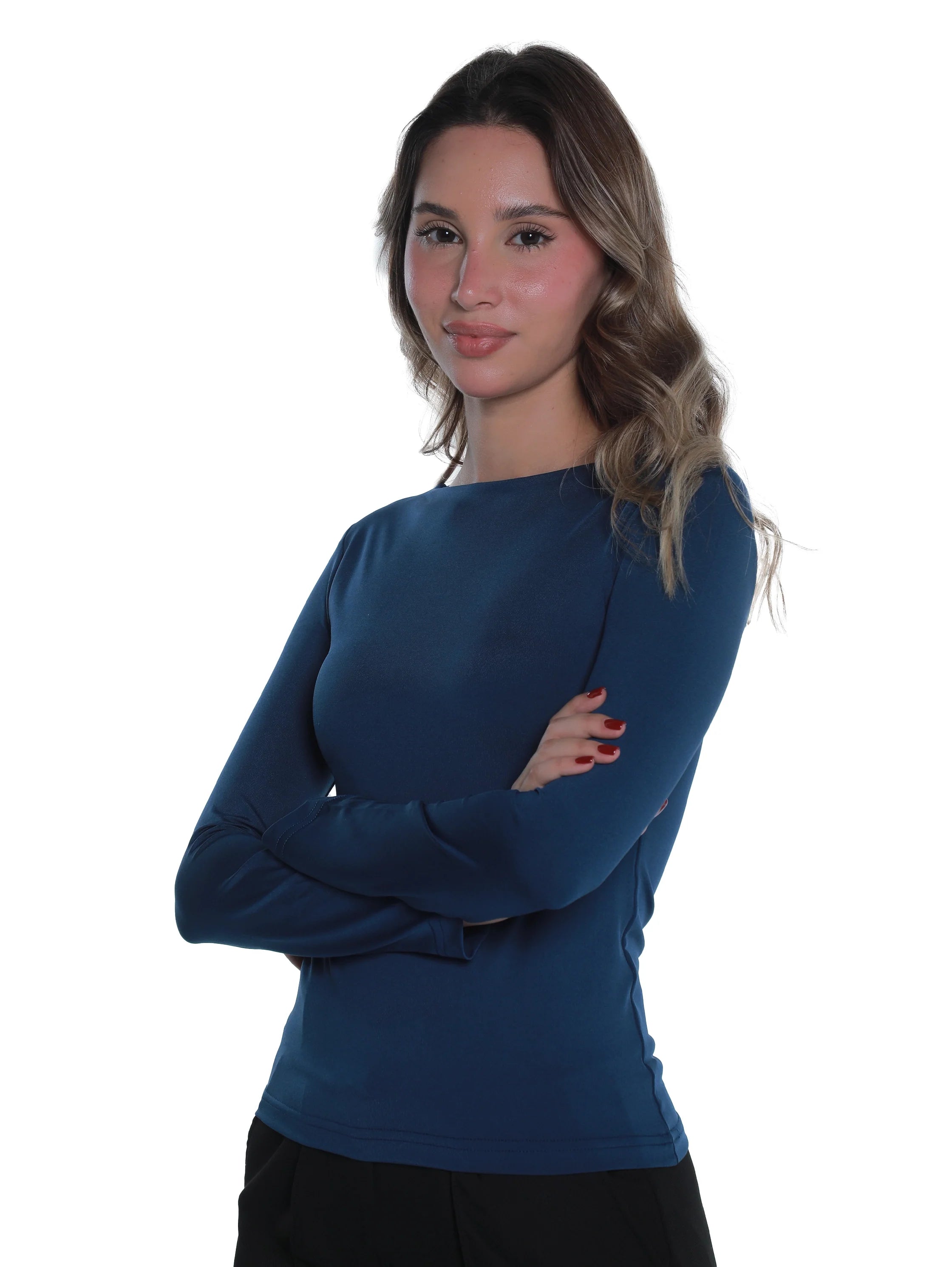 Long Sleeved Indigo Basic Top Round Neck
