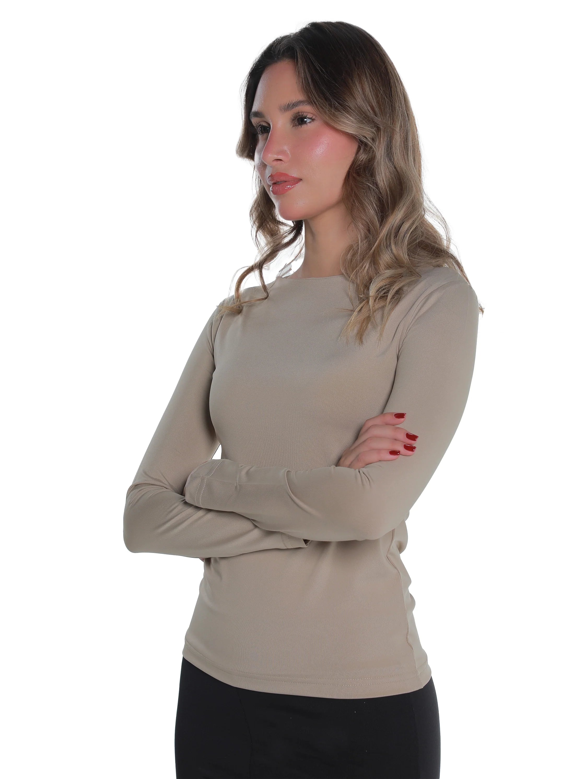 Long Sleeved Beige Basic Top Round Neck