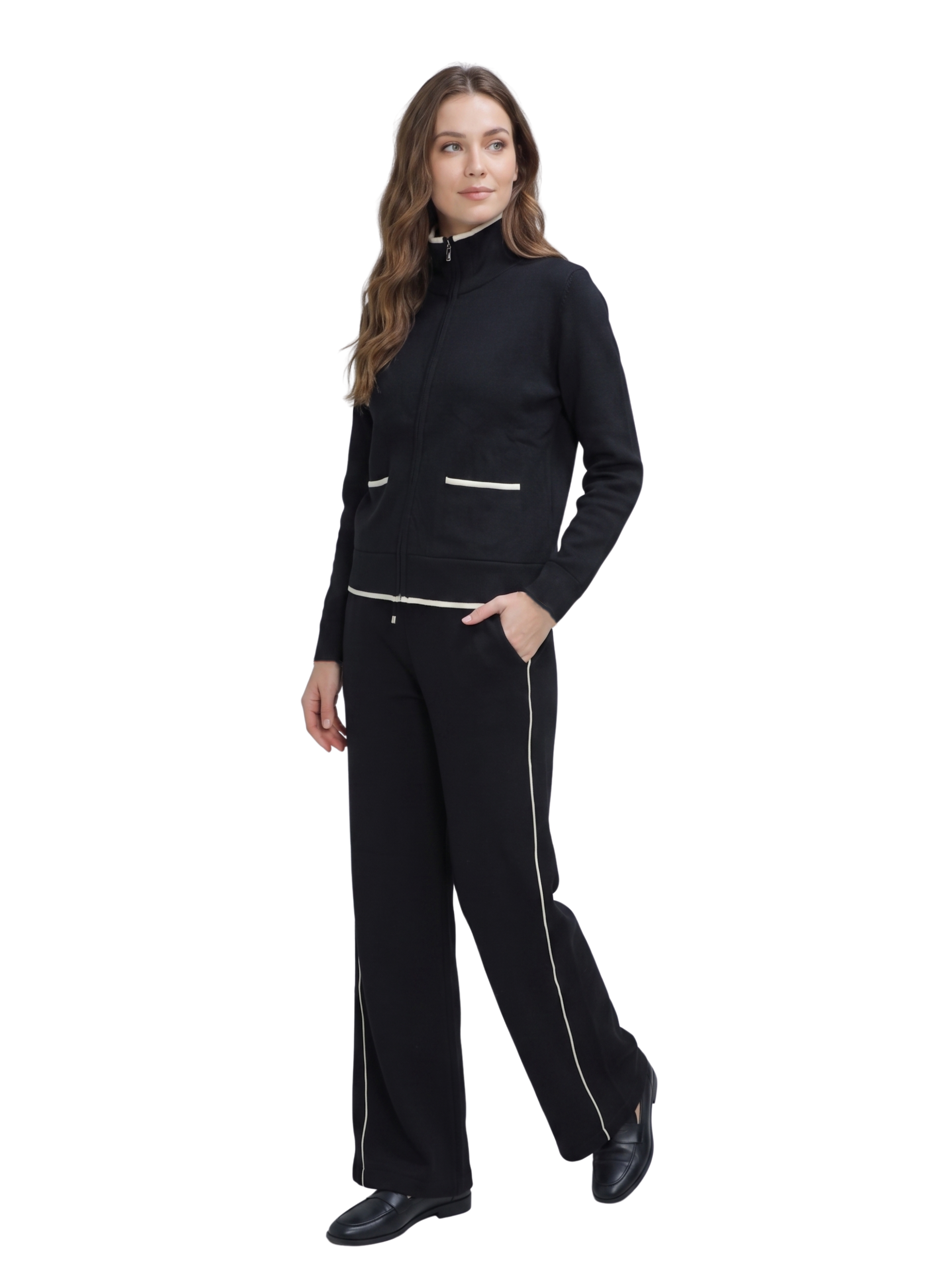 Two Piece Set Black Zip-Up Jacket With White Trimmed Wide Leg Pants