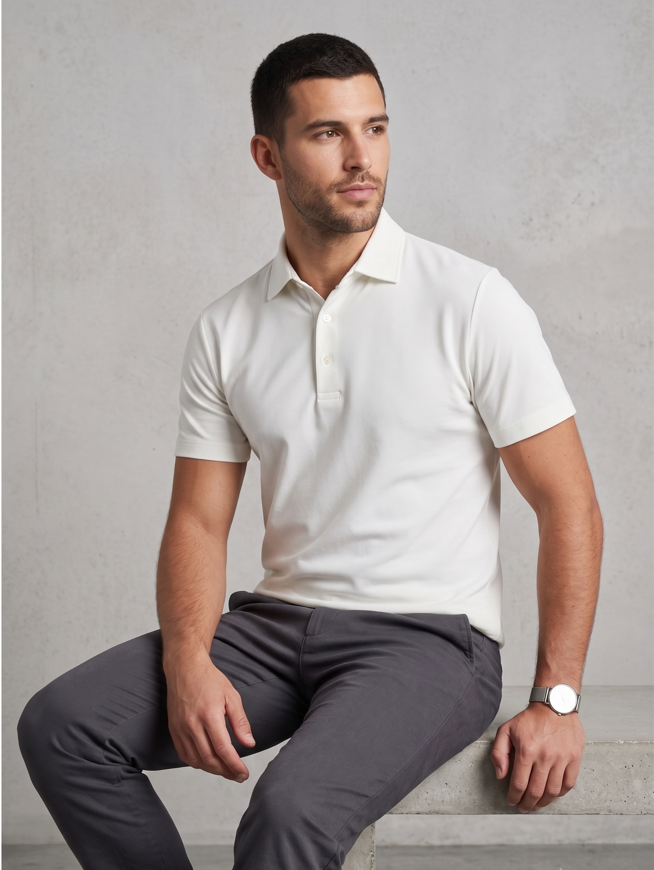 White Short Sleeved Polo Shirt With Classic Spread Collar
