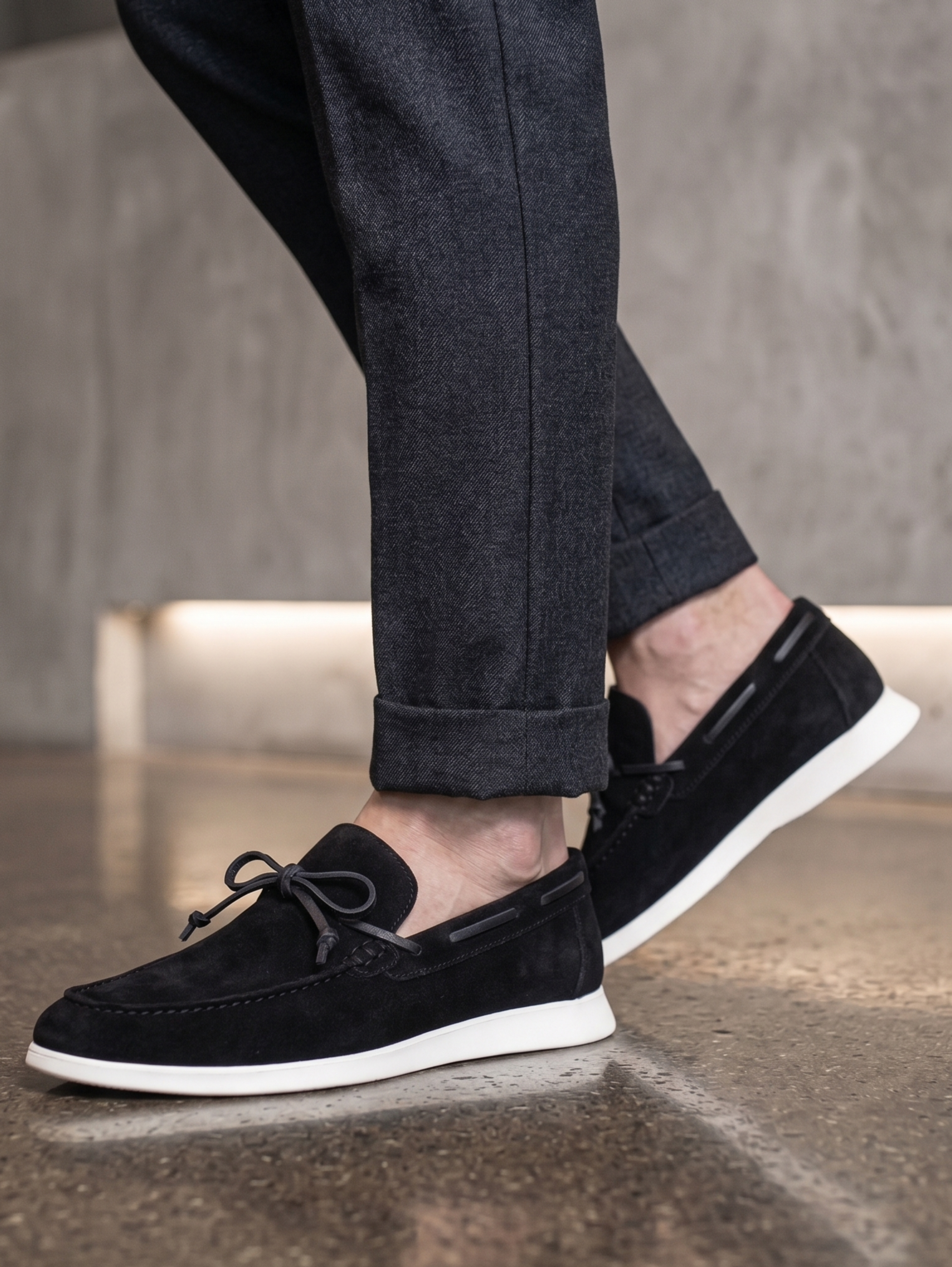 Black Slip-On Loafer Casual Shoes With White Soles