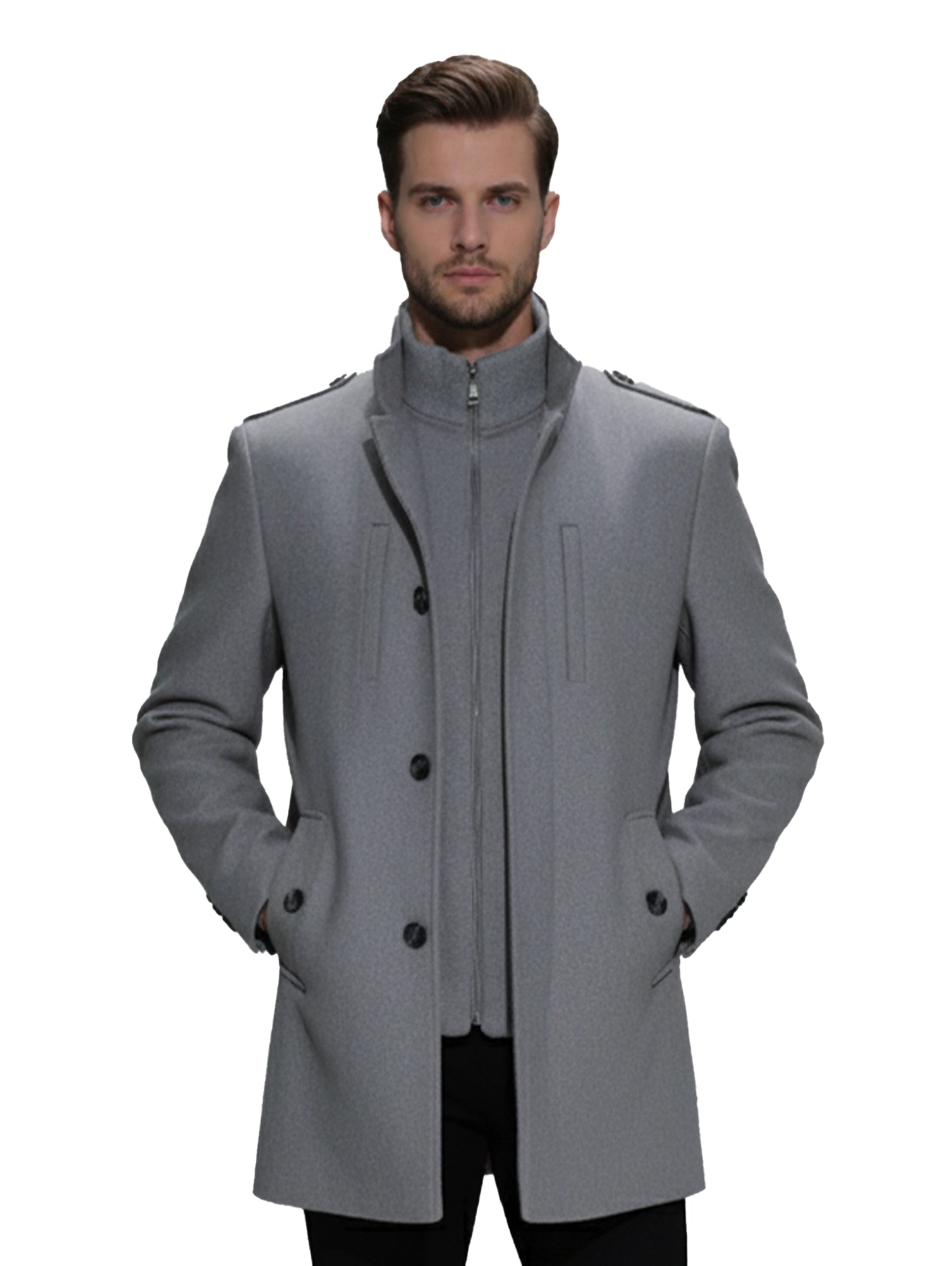Stylish Grey Coat With Stand Up Collar