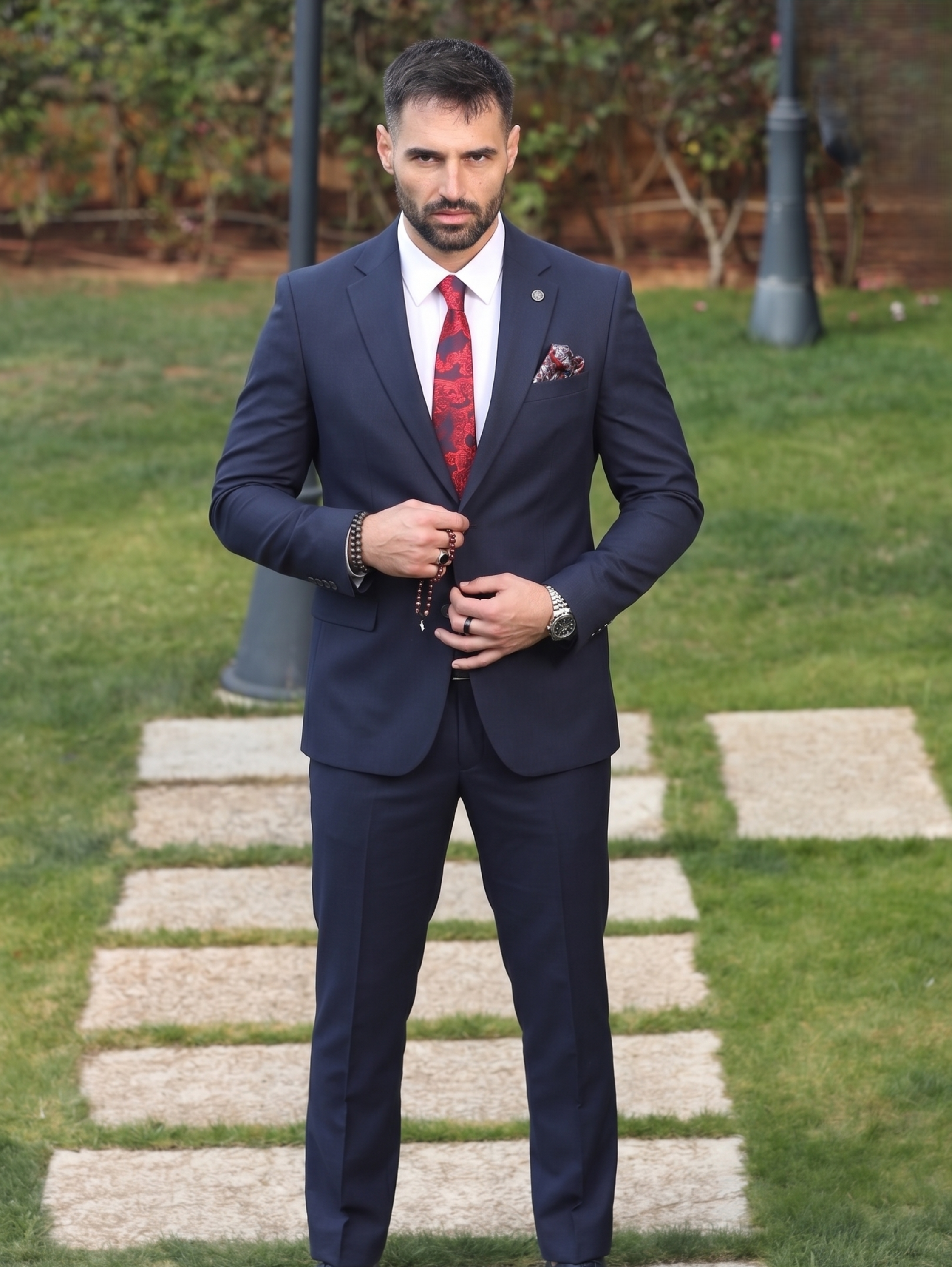 navy blue suit with red dress Slim Fit Single Breasted & Two Front Button 56 / NAVY Transform your special day Party Dress Size:40L Firerie Plus Size Women's